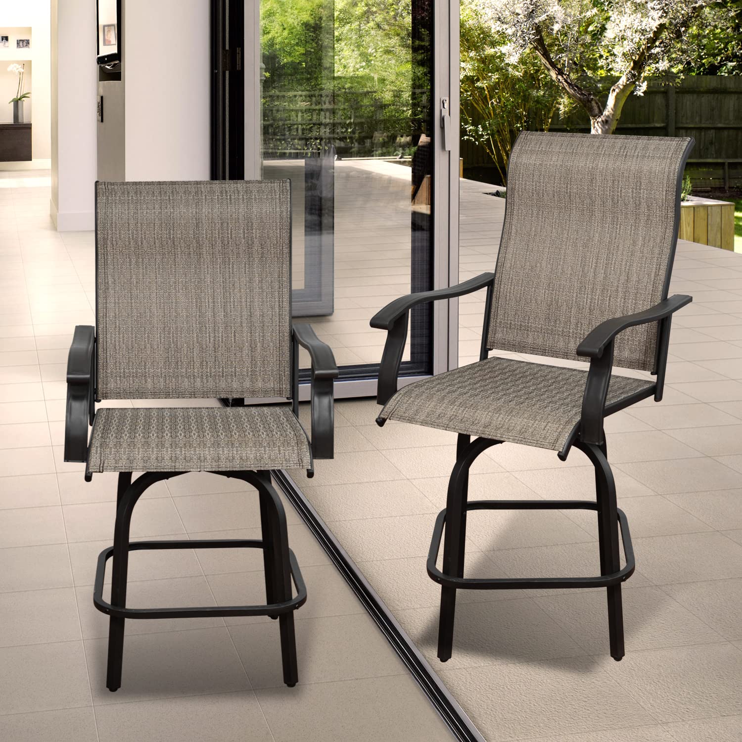 2-Piece Outdoor Patio Swivel Bar Set with Curved Armrests - All-Weather High Bar Stools for Backyard, Poolside, Porch & Bistro - Brown (Perfect for Outdoor Entertaining & Relaxation)