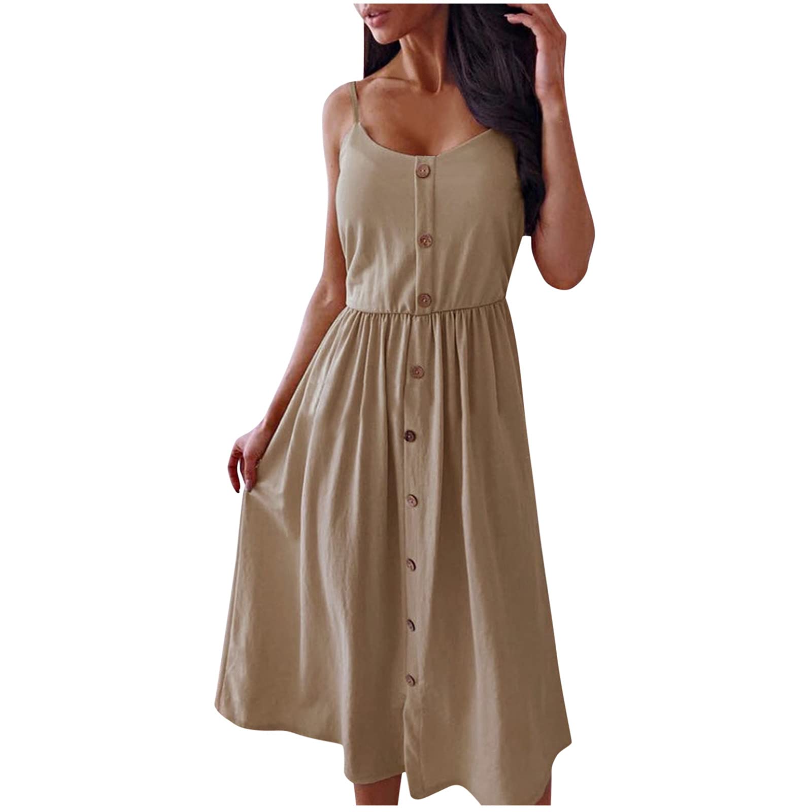 Women's A-Line Linen Camisole Dress with Buttons - Sexy Midi Summer Dress for Beach, Casual & Spring Wear | Perfect for Vacations, Date Nights & Outdoor Events