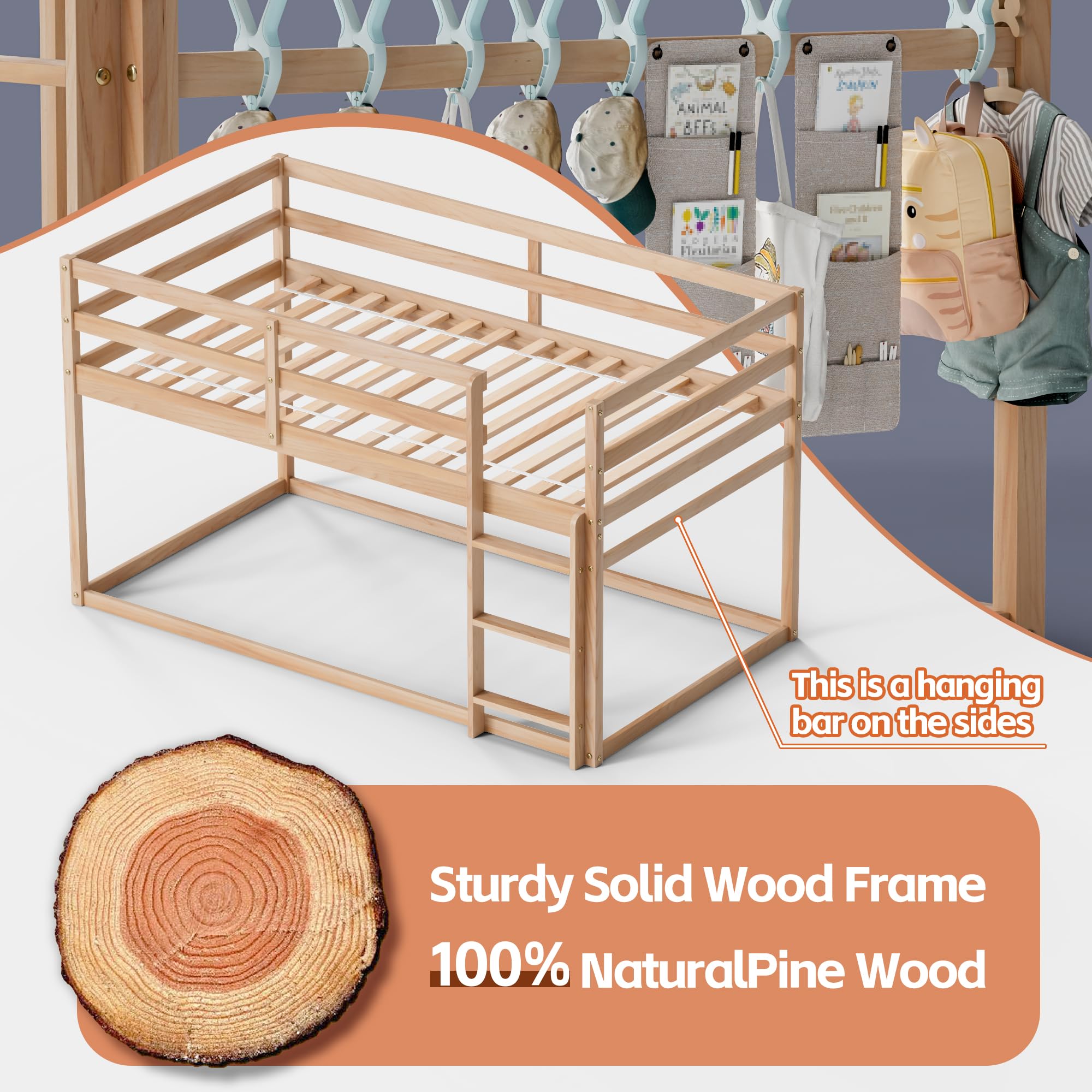 Low Twin Over Twin Bunk Bed with Ladder & Full Guardrails - Solid Wood Junior Bunk Bed for Boys, Girls & Kids - Space-Saving Bedroom Furniture for Small Rooms, Shared Kids' Rooms & Sleepovers (Natural Finish)