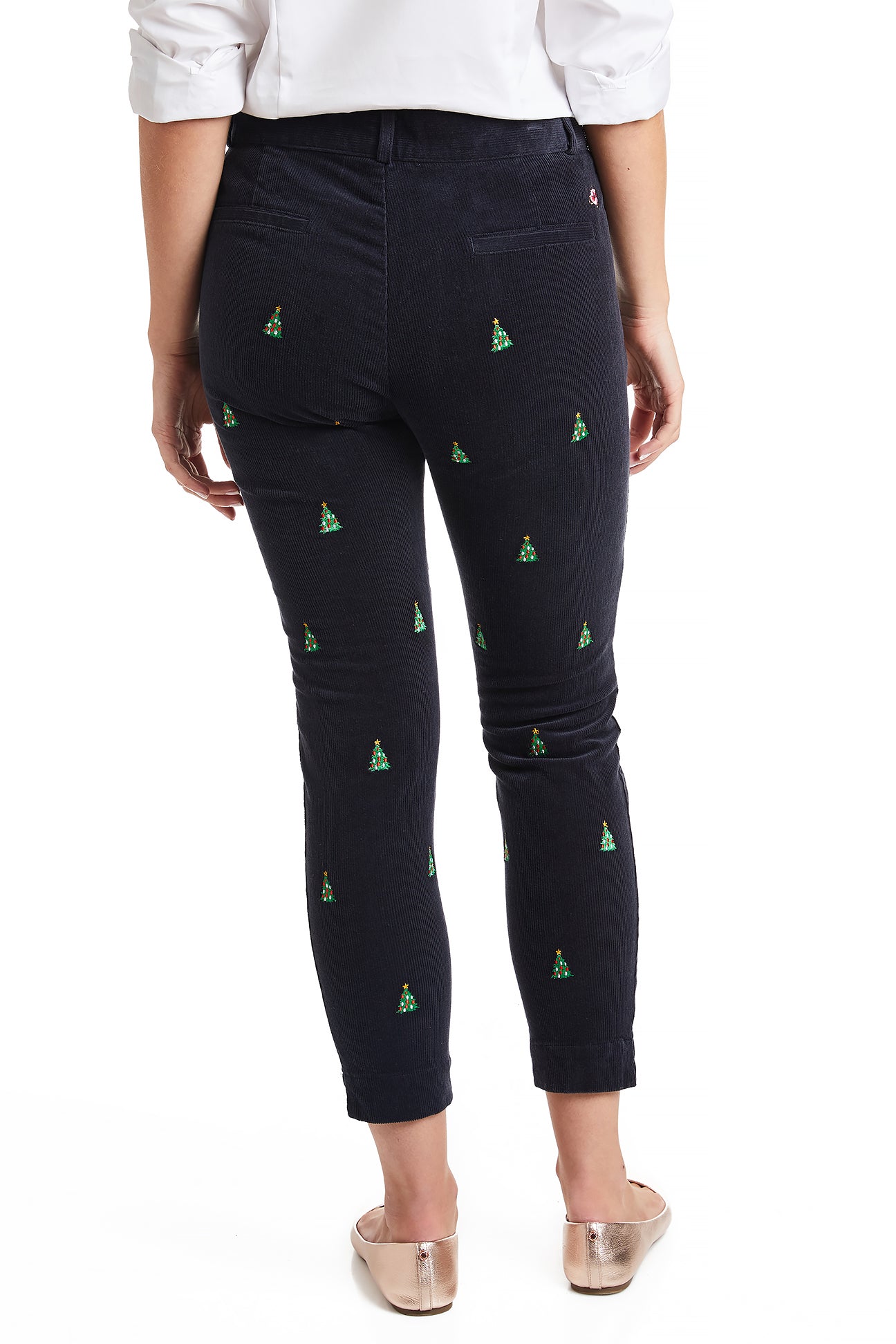 Beachcomber Corduroy Ankle Capri Pants in Nantucket Navy with Christmas Tree Print - Perfect for Holiday Parties & Winter Vacations