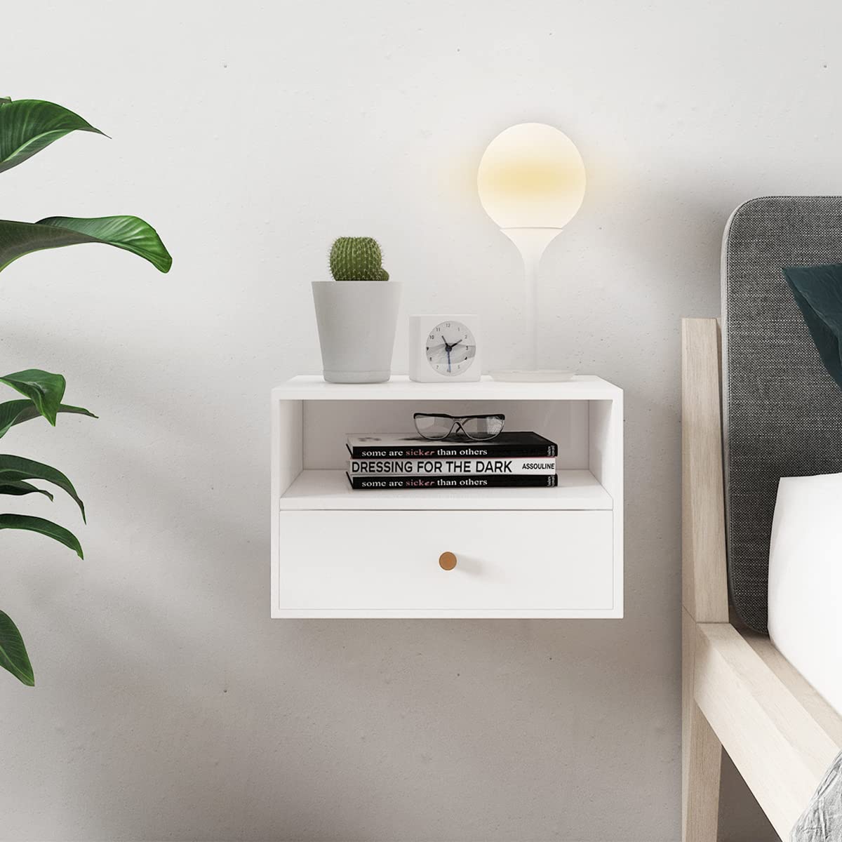 Modern Floating Nightstand with Drawer - White Wall Mounted Shelf for Bedroom & Living Room - Space Saving Storage Solution for Small Spaces