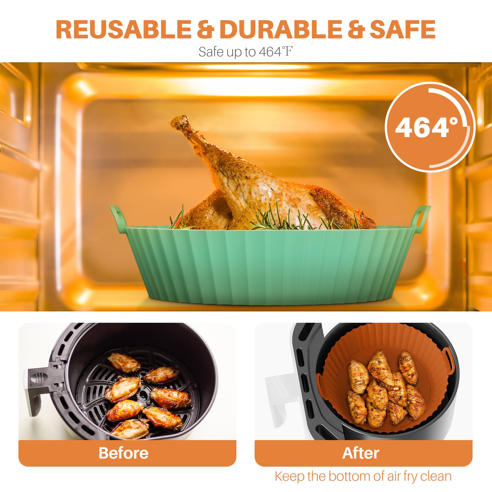 ME.FAN Air Fryer Silicone Liners for 4 to 7 QT [2 Pack] - Reusable Non-Stick Basket with Handles & Vent Holes - Oven Safe Accessories in Rose Pink & Light Grey - Perfect for Roasting, Baking, and Frying Healthy Meals