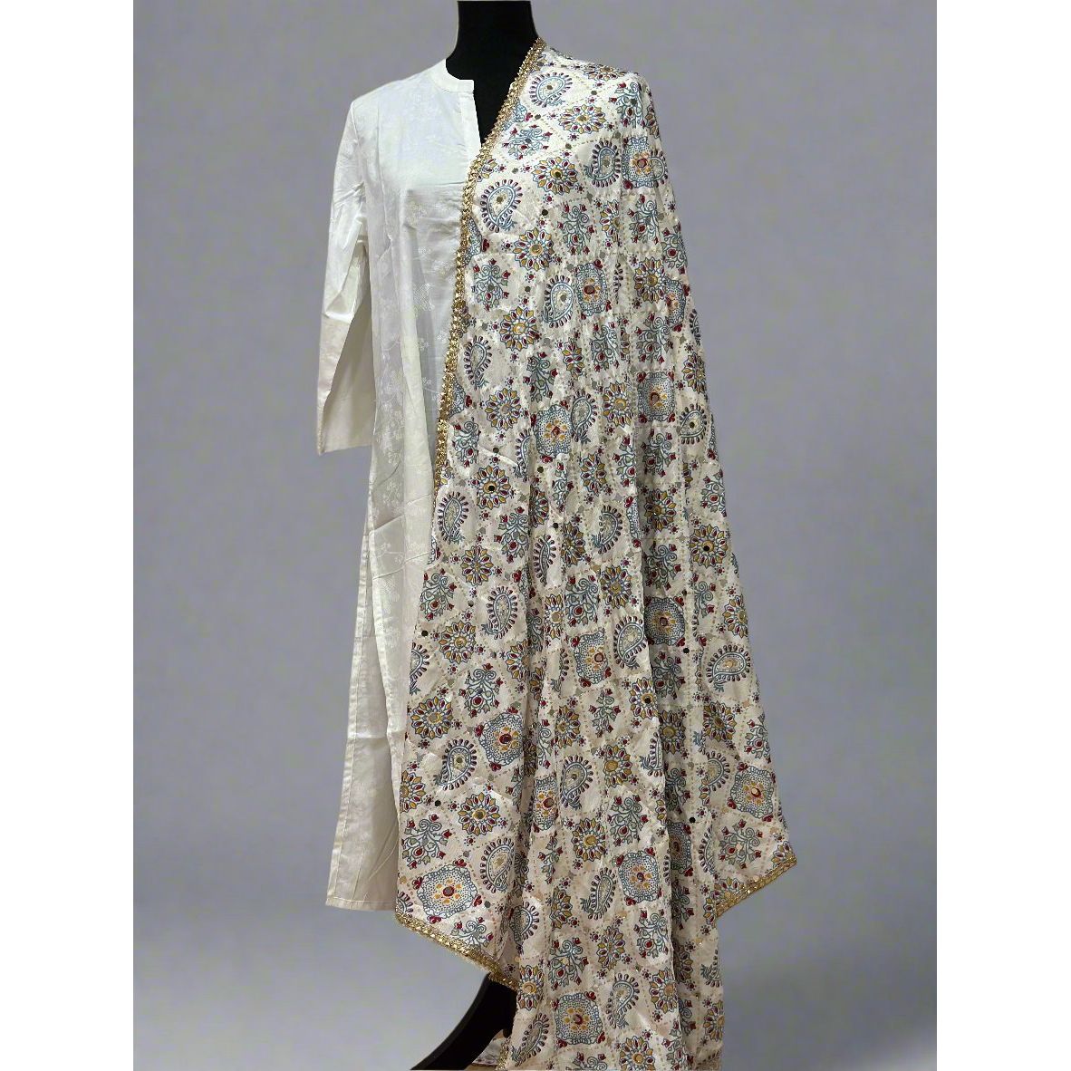 Stylish Chinon Foil Print White Mirror Work Dupatta Scarf - Elegant Embroidered Shawl for Women, Perfect for Weddings, Parties & Festive Occasions