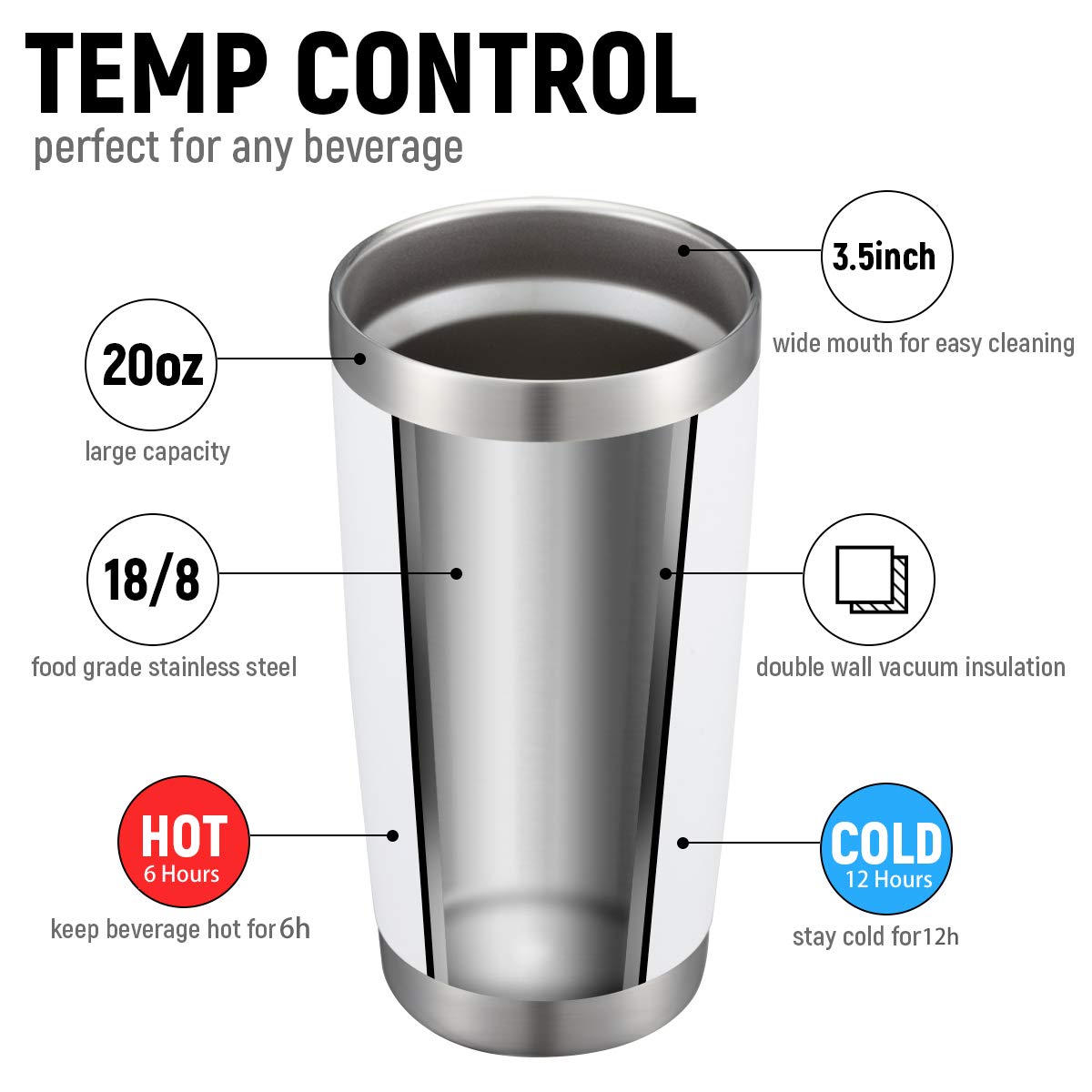 COMOOO 20oz Stainless Steel Tumbler - Double Wall Vacuum Insulated Coffee Travel Mug with Lid & Straw - Powder Coated for Hot & Cold Drinks - Bulk 6 Pack (White) - Perfect for Office, Gym, Camping & Outdoor Activities