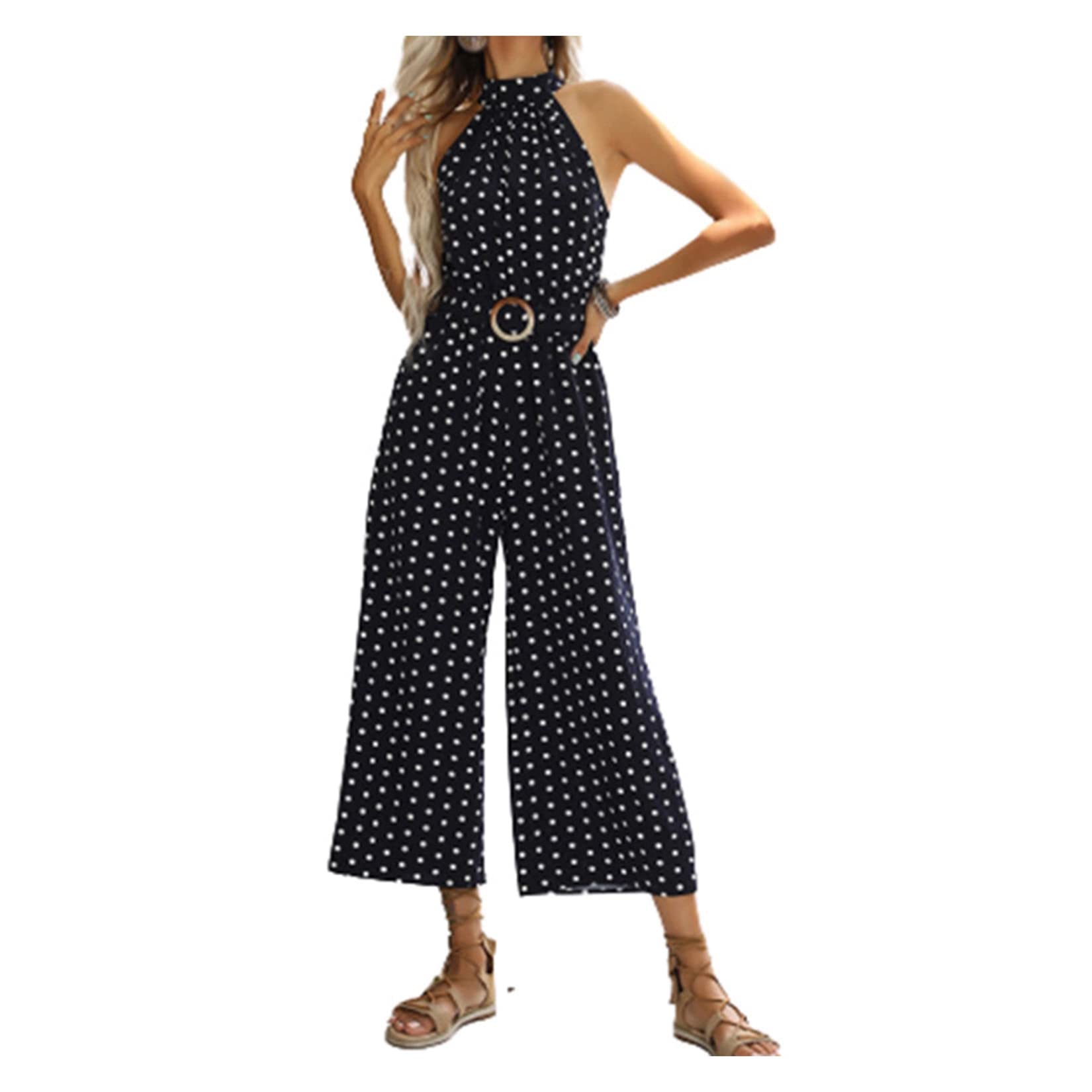 Women's Sleeveless Jumpsuit with Polka Dot Print - Wide Leg Romper with Halter Neck & Belt - Summer Beach Outfit, Vacation Wear, Casual Party Playsuit with Pockets