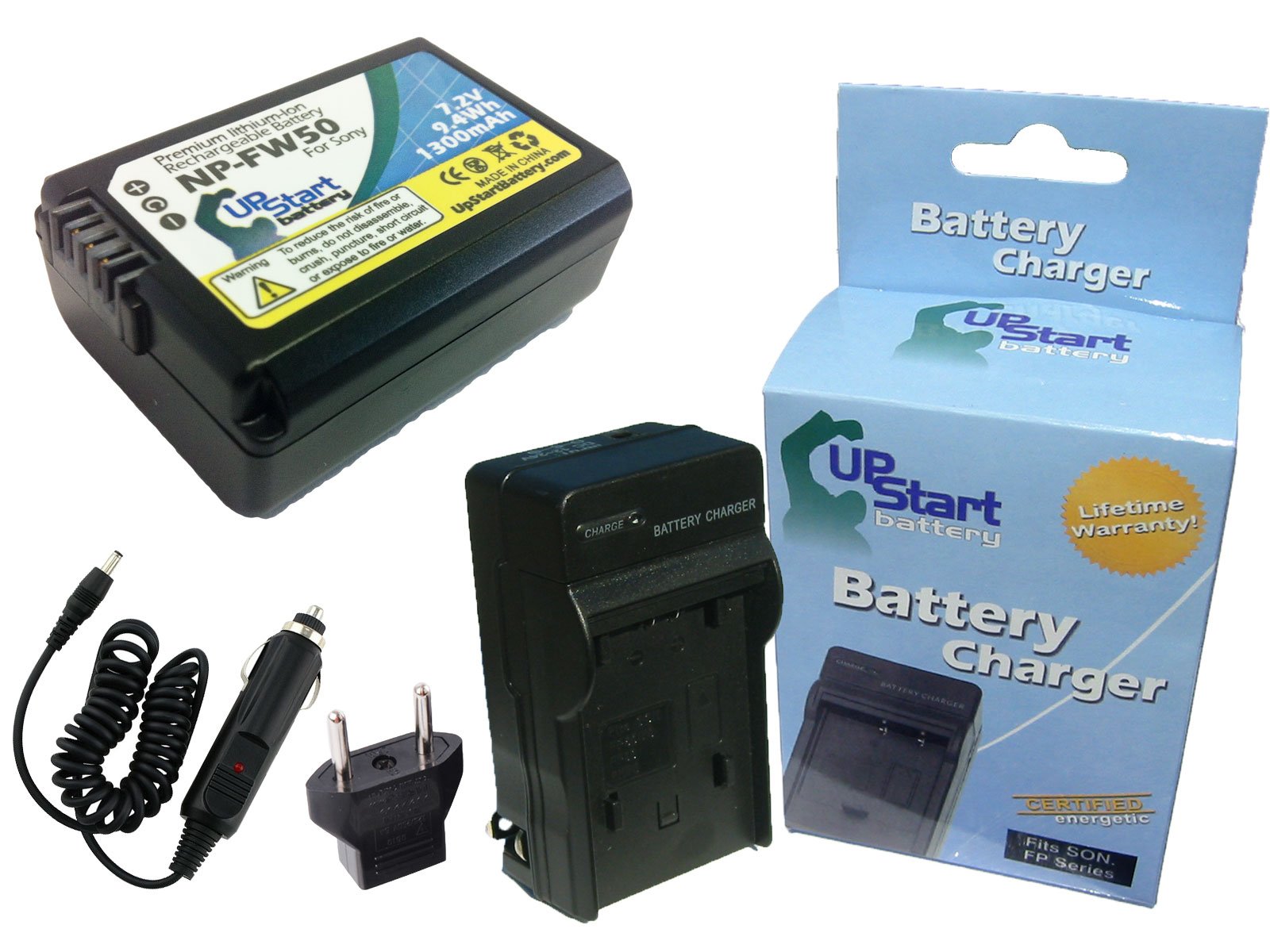 Sony NP-FW50 Replacement Battery and Charger Kit - 1300mAh 7.2V Li-ion for Sony DSLR A55, A33, A35, A57, A65, A77 - Includes Car Charger & EU Adapter - Perfect for Travel Photography and Outdoor Shooting