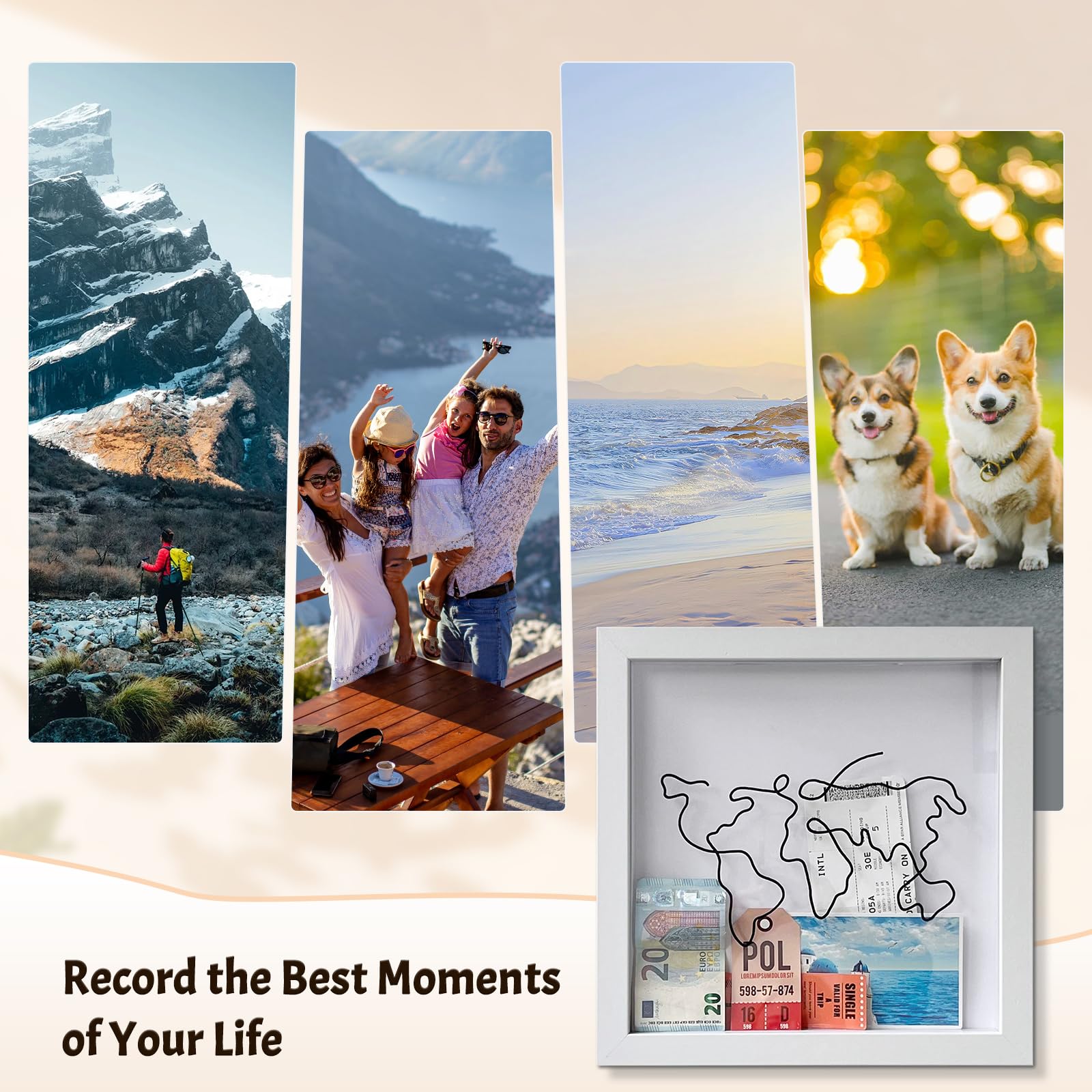 12x12 Inch Travel Adventure Shadow Box - Top Loading Memory Keepsake Box for Tickets, Photos & Mementos - Perfect for Concert Tickets, Travel Souvenirs & Family Memories (Black & White) - Great for Wall Display, Home Decor & Gift Giving