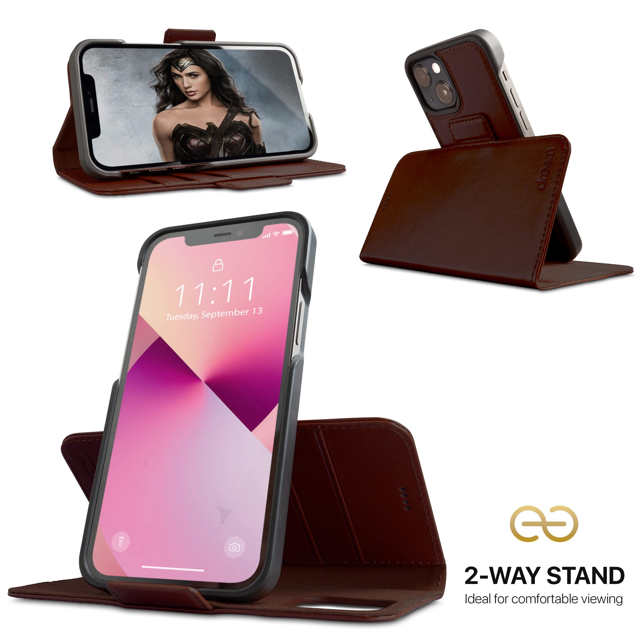 Dreem Fibonacci Vegan Leather Wallet Case for iPhone 13 - 2-in-1 Detachable Magnetic Cover with Kickstand, RFID Blocking Card Holder & MagSafe Compatibility (Coffee Brown) | Perfect for Work, Travel & Everyday Use