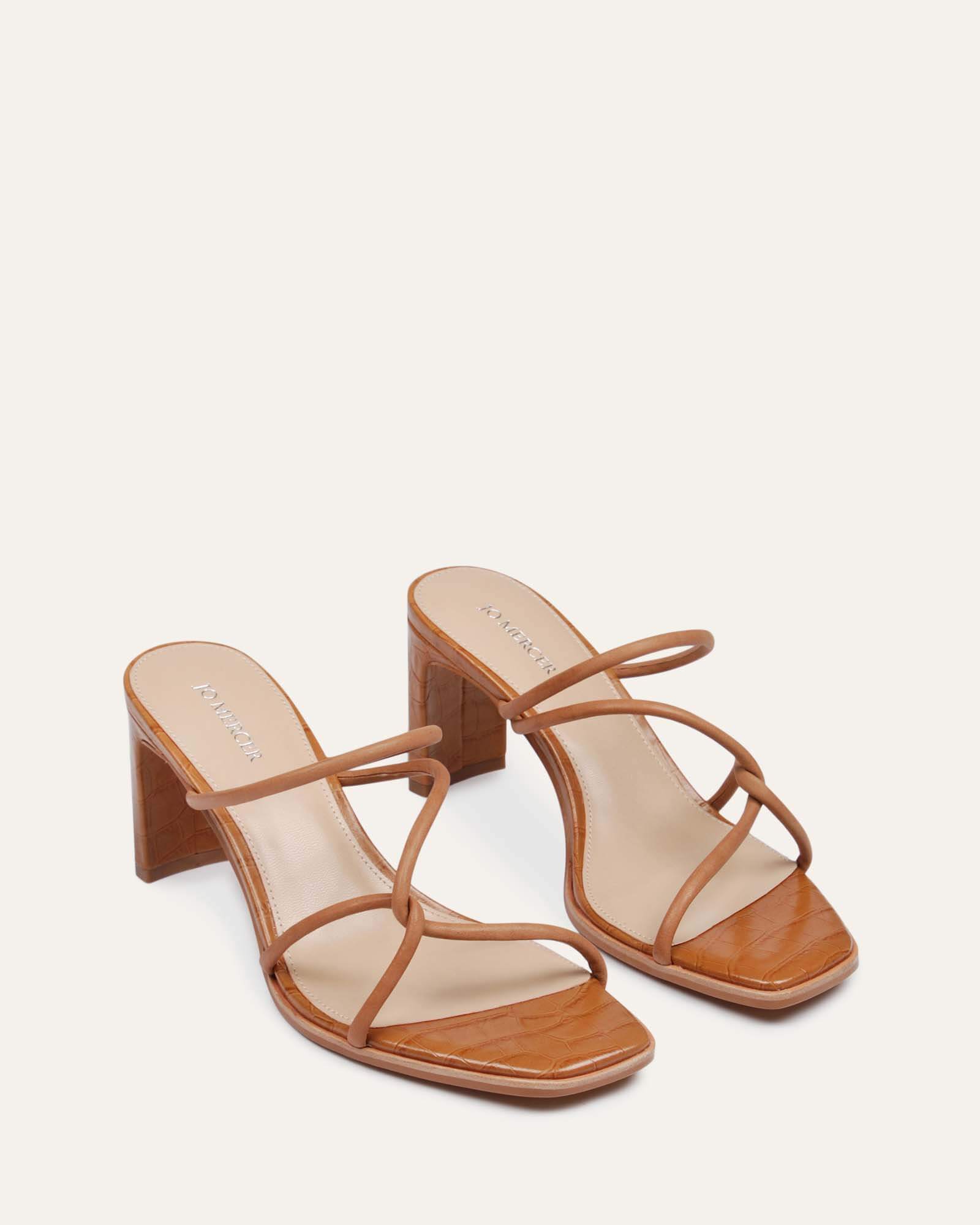 NOVI Women's Mid Heel Sandals - Tan Leather Comfortable Dressy Summer Shoes for Weddings, Parties & Office Wear