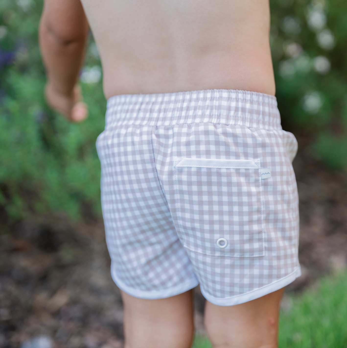 Boys Brown Gingham Board Shorts - Quick Dry Swim Trunks for Beach, Pool & Summer Activities