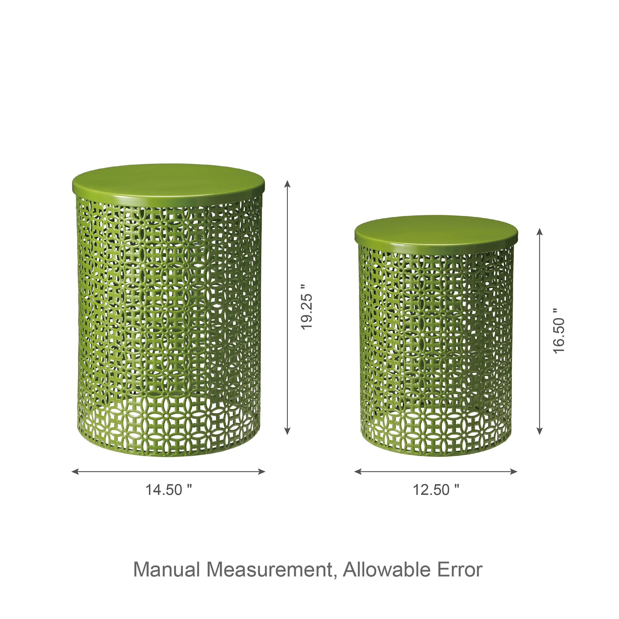 Glitzhome 2-Piece Outdoor Side Table Set - Heavy Duty Metal Frame Garden Stool for Indoor & Outdoor Use, Modern Glossy Green Accent End Table | Perfect for Patio, Deck, Poolside & Living Room Decor