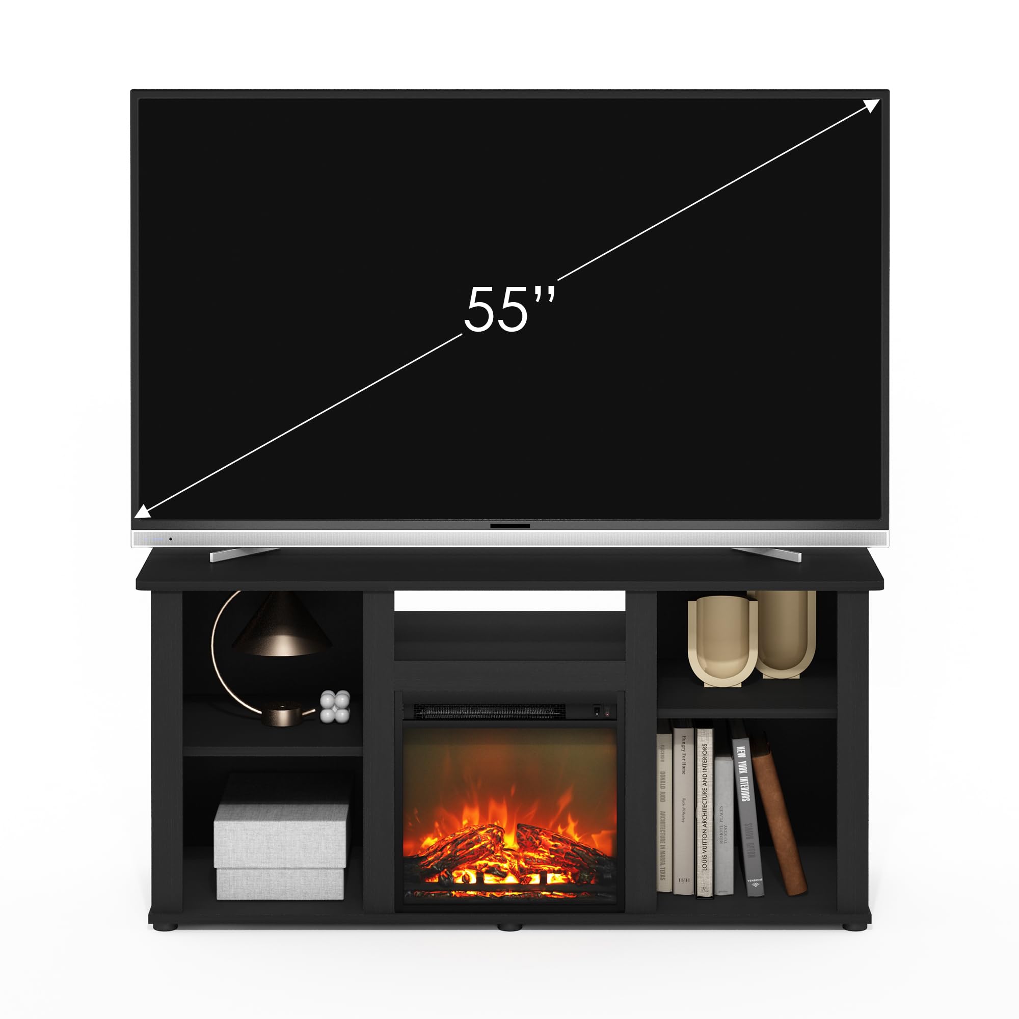 Furinno Jensen 55 Inch Fireplace TV Stand with Open Storage - Modern Entertainment Center for Living Room, Bedroom & Home Theater