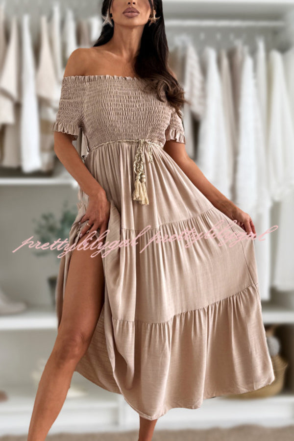 Elegant Solid Color Off-the-Shoulder Pleated Waist Midi Dress for Women - Perfect for Summer Parties, Beach Vacations & Date Nights