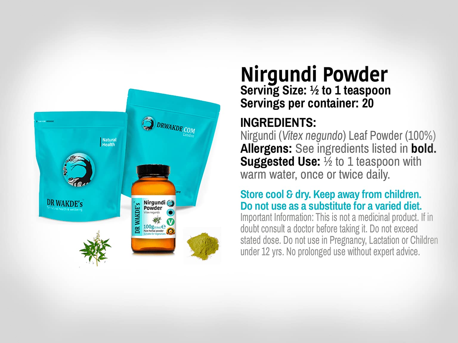 DR WAKDE'S Nirgundi Powder (Vitex negundo) - 100g (3.5oz) | Pure, Raw & Dried Herbal Powder | Natural Aroma & Freshness | Fine Ground Vegan Supplement | Premium Grade Ayurvedic Remedy | No Additives | Perfect for Herbal Tea, Aromatherapy & Natural Healing