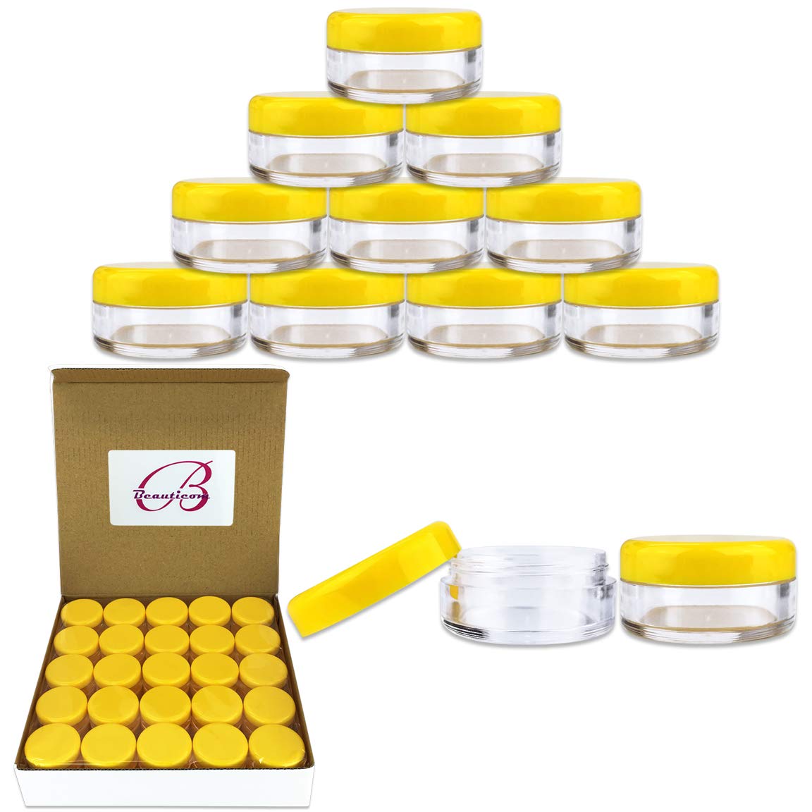 50-Pack 5G/5ML Clear Round Jars with Yellow Lids - Ideal for DIY Skincare, Scrubs, Oils, Toners, Salves, Creams, Lotions, Makeup Samples & Lip Balms - Perfect for Home Spa, Beauty Products & Travel Containers