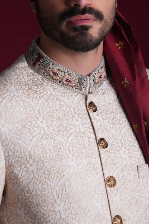 Ivory & Beige Cross Stitch Sherwani for Men - Traditional Indian Wedding Outfit - Perfect for Festivals, Ceremonies & Special Occasions