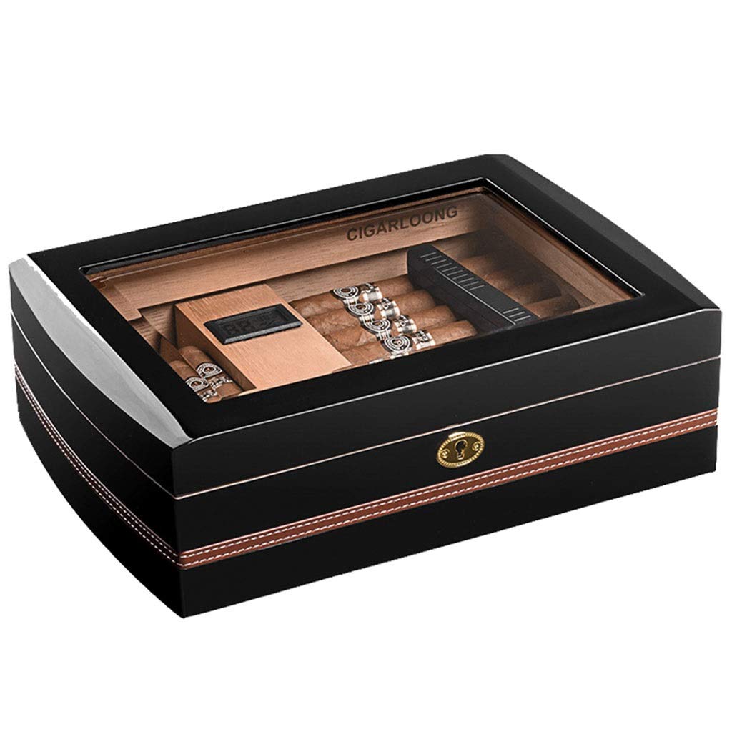 Portable Cigar Humidor Cabinet - Travel & Home Use, Cedar Wood, 33x23x10cm (Black) for Cigar Storage & Display