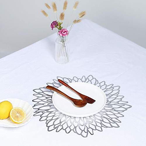6 Pack Floral Vinyl Placemats 15 Inch - Non Slip Dining Table Mats for Kitchen & Restaurant - Elegant Silver Decor for Home, Party & Wedding Use