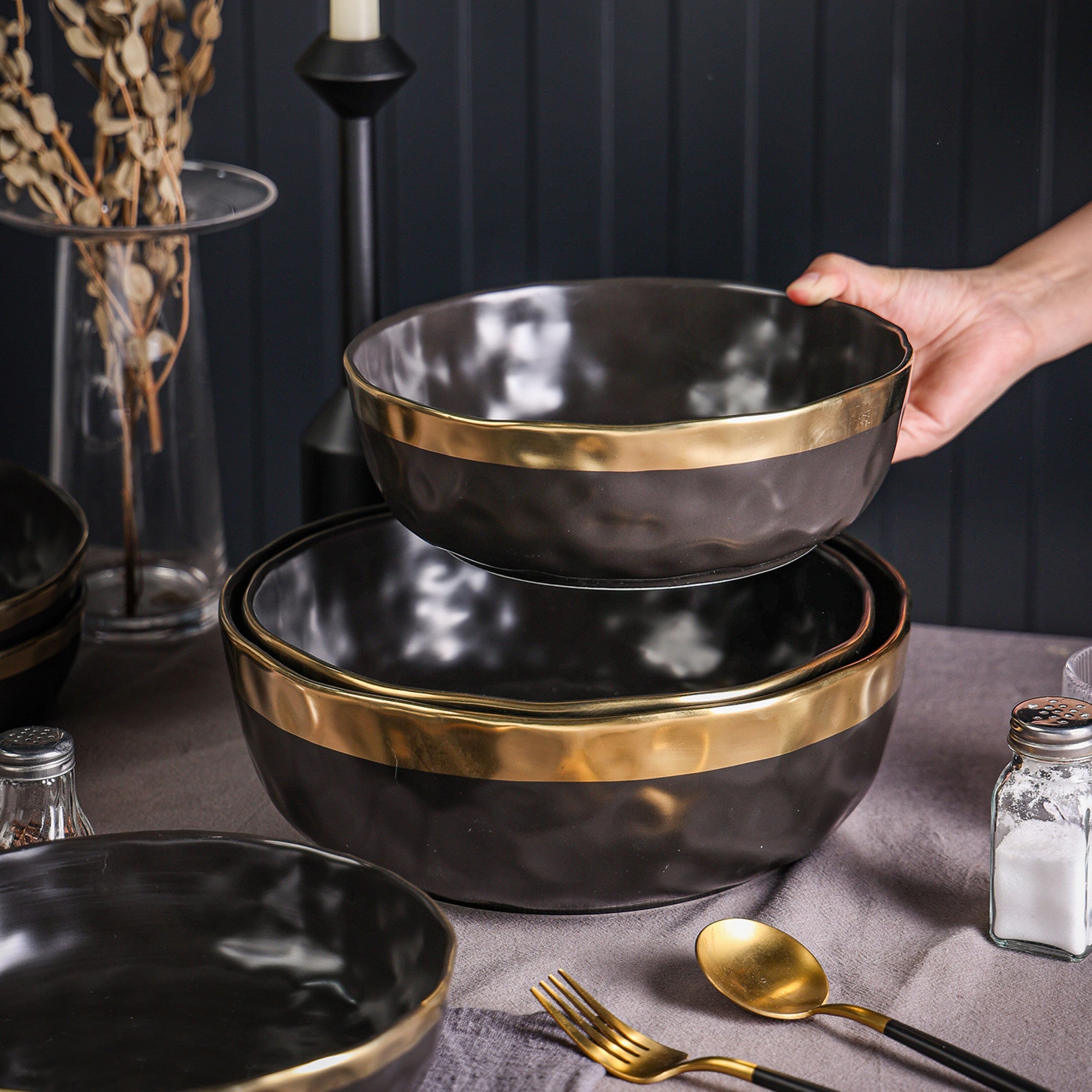 Premium Florian Porcelain Dinnerware Set - 6-Piece Black Ceramic Bowls for Soup, Salad & Dessert | Elegant Table Setting for Restaurants, Home Dining & Entertaining