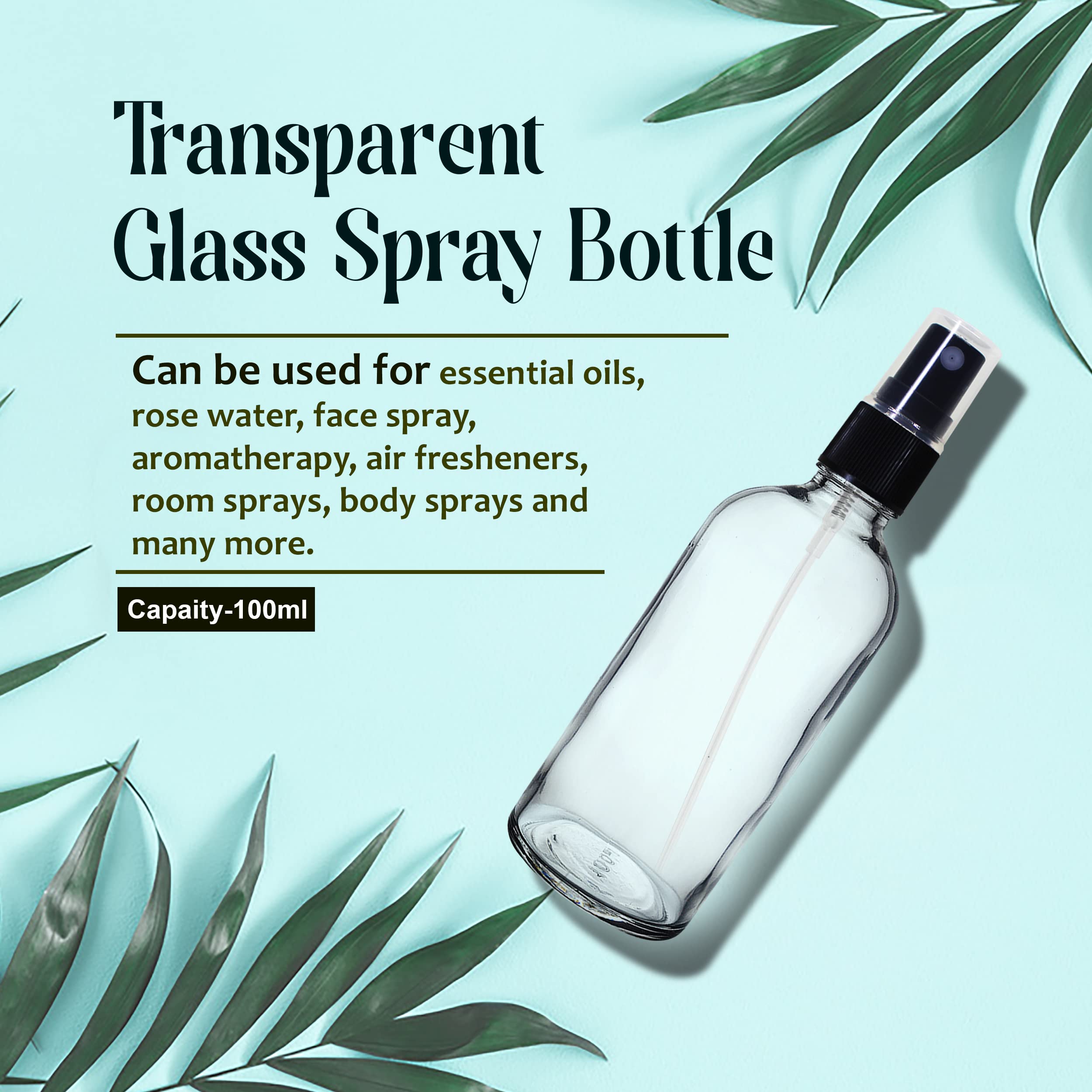 NSB Herbals 100ml Refillable Clear Glass Fine Mist Spray Bottle with Pump - Perfect for DIY Perfume, Essential Oils, Aromatherapy Blends, Facial Mists & Beauty Products - Ideal for Home, Travel & Salon Use