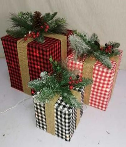3 Piece Lighted Plaid Gift Box Decorations - Christmas Holiday Home Decor, Party Favors & Wedding Table Centerpieces - Battery Operated LED Decor for Festive Celebrations