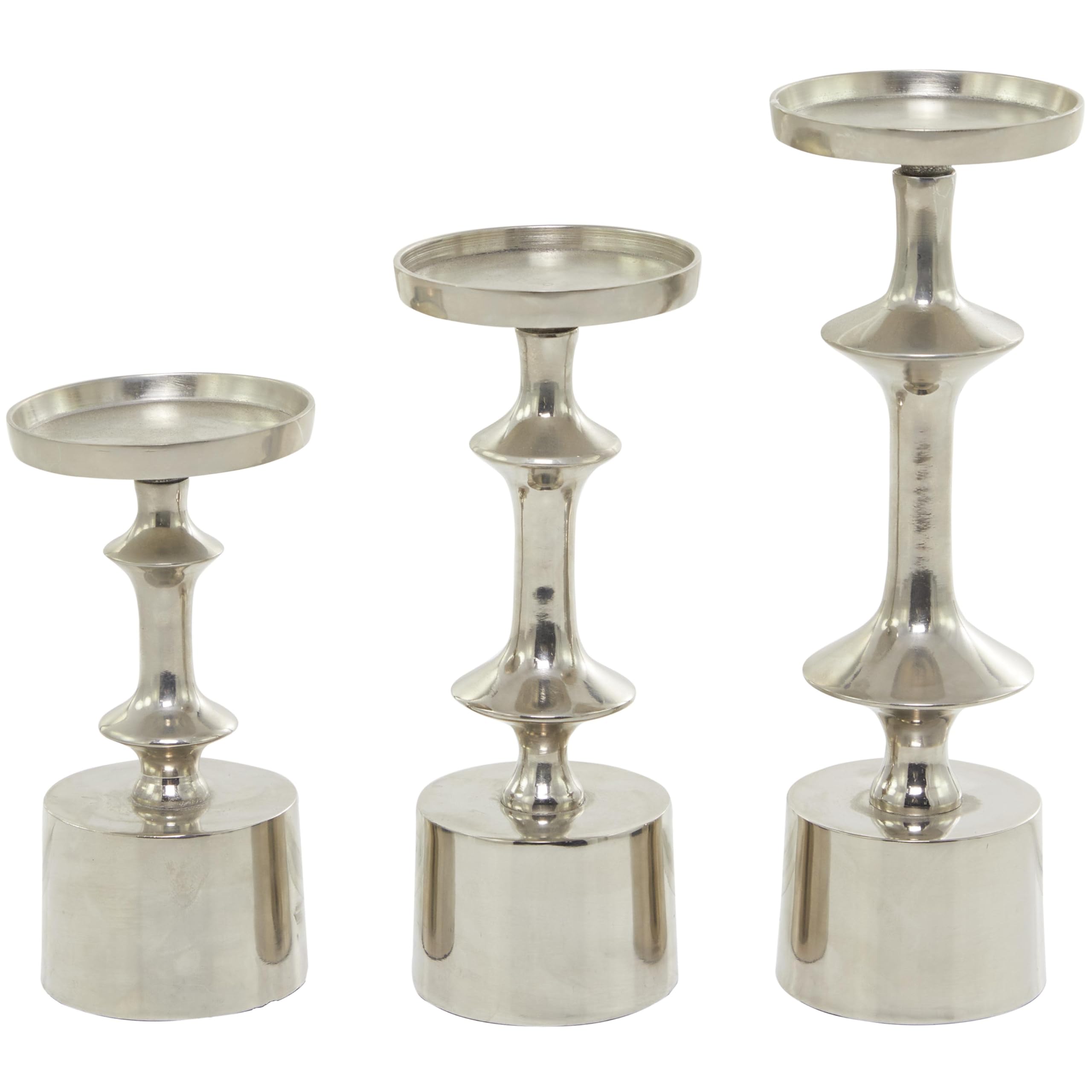 CosmoLiving by Cosmopolitan Decorative Aluminum Metal Candle Holder Set - 3 Silver Pillar Candle Stands (10