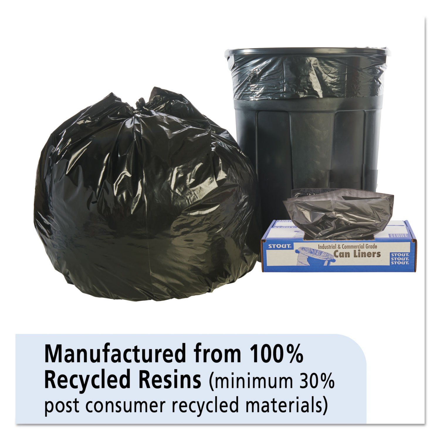 Stout T4048B15 100% Recycled Plastic Trash Bags 40-45 Gallon 1.5 Mil Thick 40x48 Inches Brown/Black - 100 Count - Heavy Duty for Home, Office & Outdoor Waste Disposal
