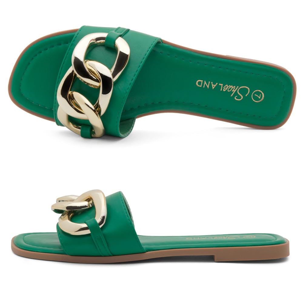 EMMA Women's Flat Sandals - Square Open Toe Single Band Slides with Metal Chain | Comfortable Cushioned Footbed Slip-On Slippers for Summer, Beach, Travel & Daily Wear | Casual & Fashionable Sandals for Women