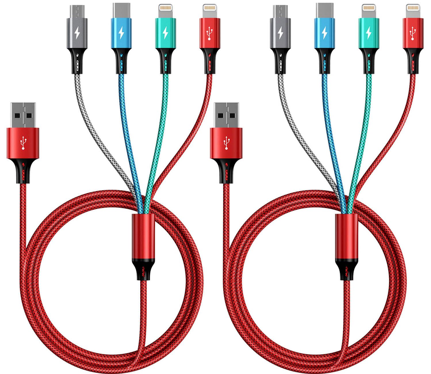 **2-Pack 6Ft 4-in-1 Braided Multi Charging Cable – 3.5A Fast Charging with USB-C/Micro USB/Lightning Ports – Compatible with iPhone, Samsung Galaxy, PS5, Tablets & More – Perfect for Home, Office & Travel**