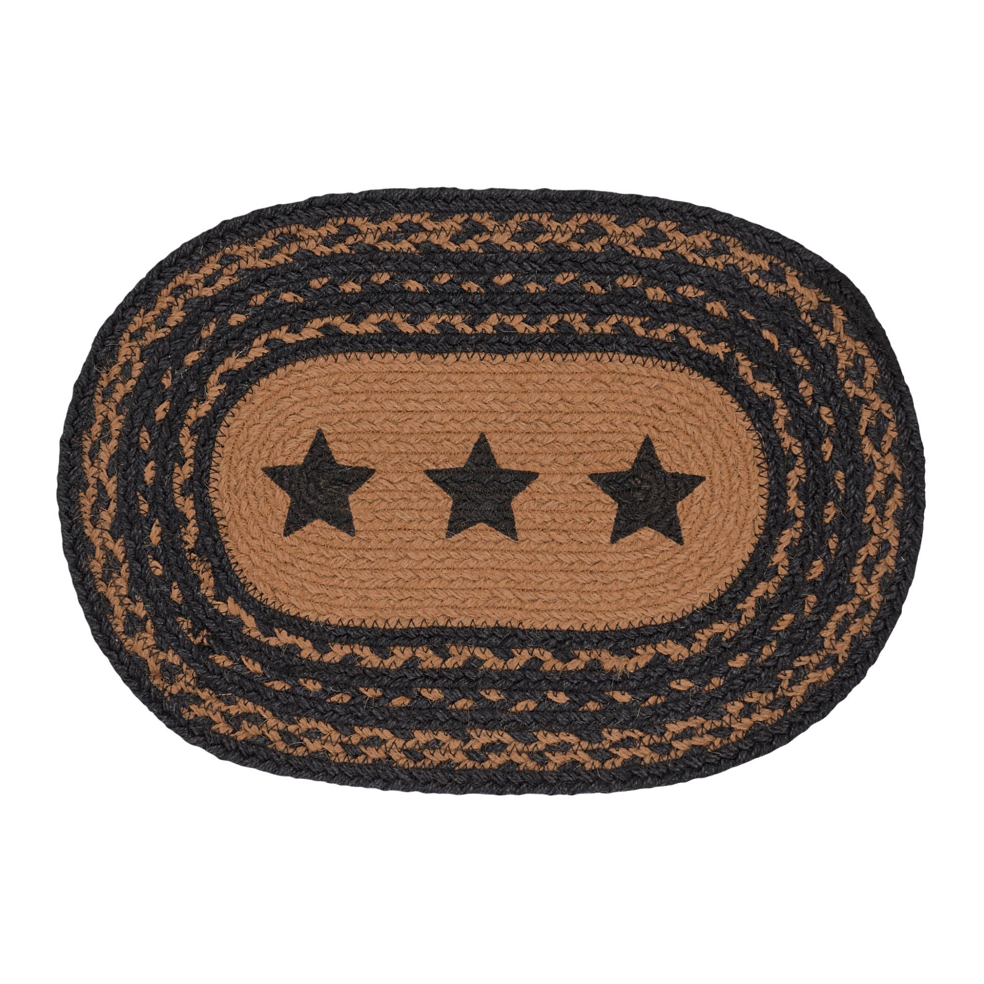 VHC Brands Farmhouse Star Braided Jute Placemat Set - 12x18 Inch Oval Dining Table Mats in Black & Tan - Rustic Home Decor for Kitchen, Dining Room & Holiday Gatherings