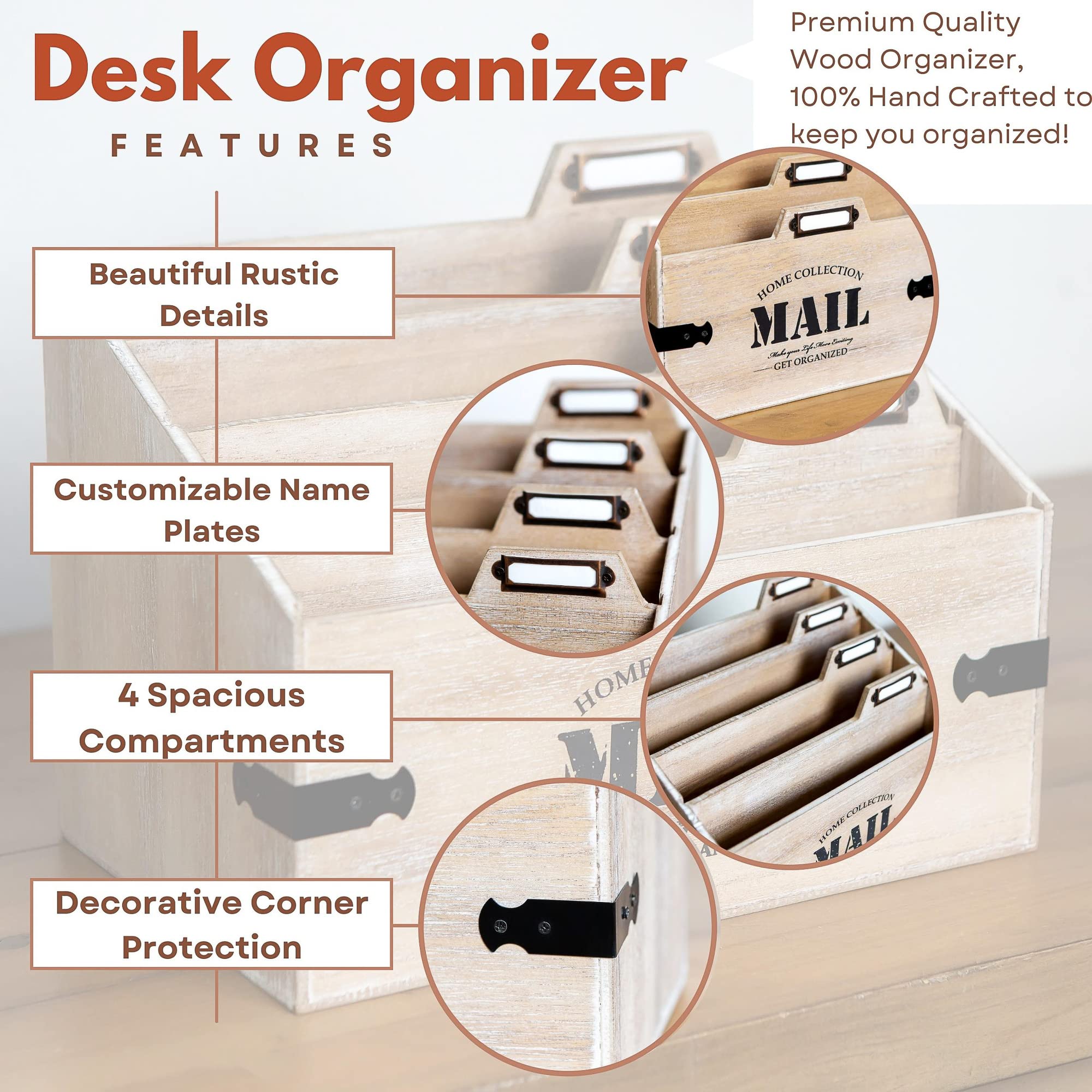25DOL XXL Wooden Mail Organizer - 7 x 10.8 Inch Desktop File Holder & Letter Sorter - Rustic Office Desk Organizer for Documents, Mail, and Folders - Perfect for Home Office, Workspace, and School Organization