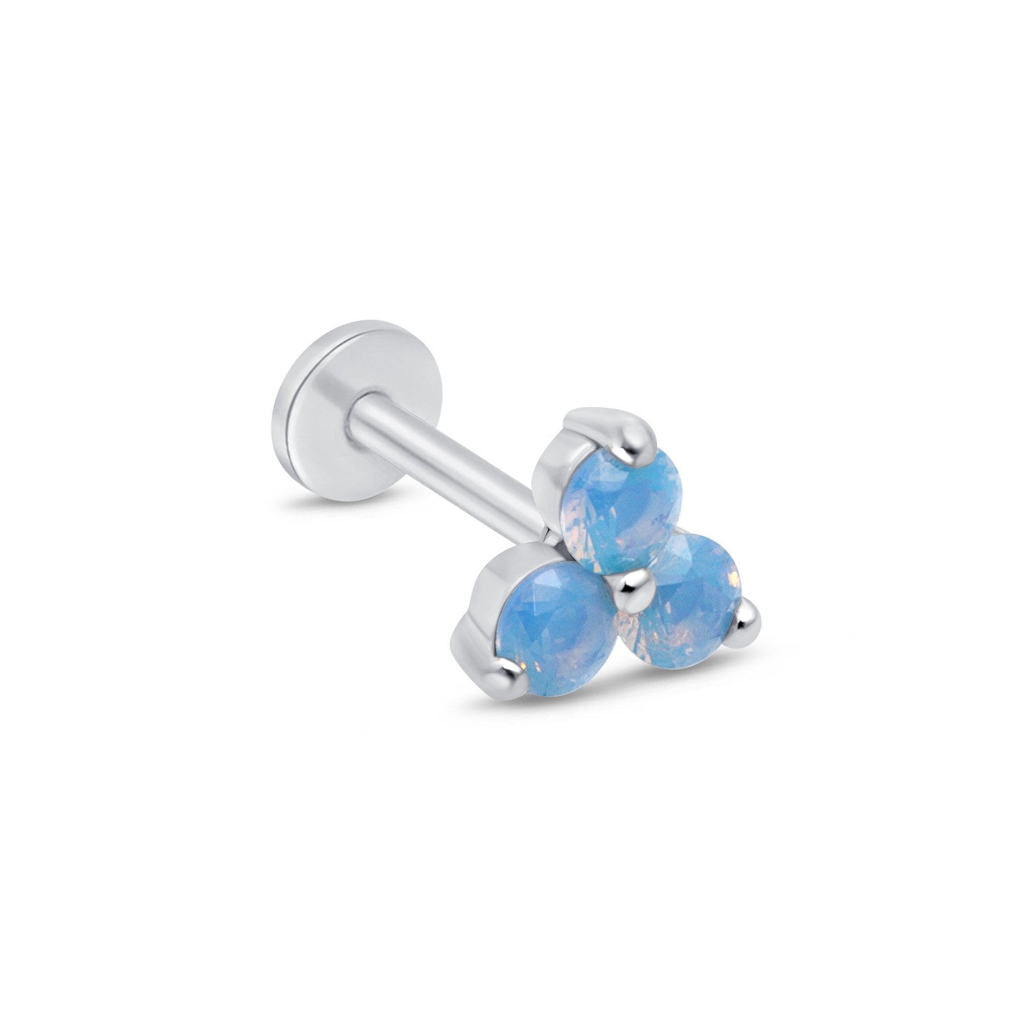 14k White Gold Blue Opal Trinity Cluster Stud Earrings – Elegant Flat Back Design for Women, Perfect for Weddings, Parties & Daily Wear
