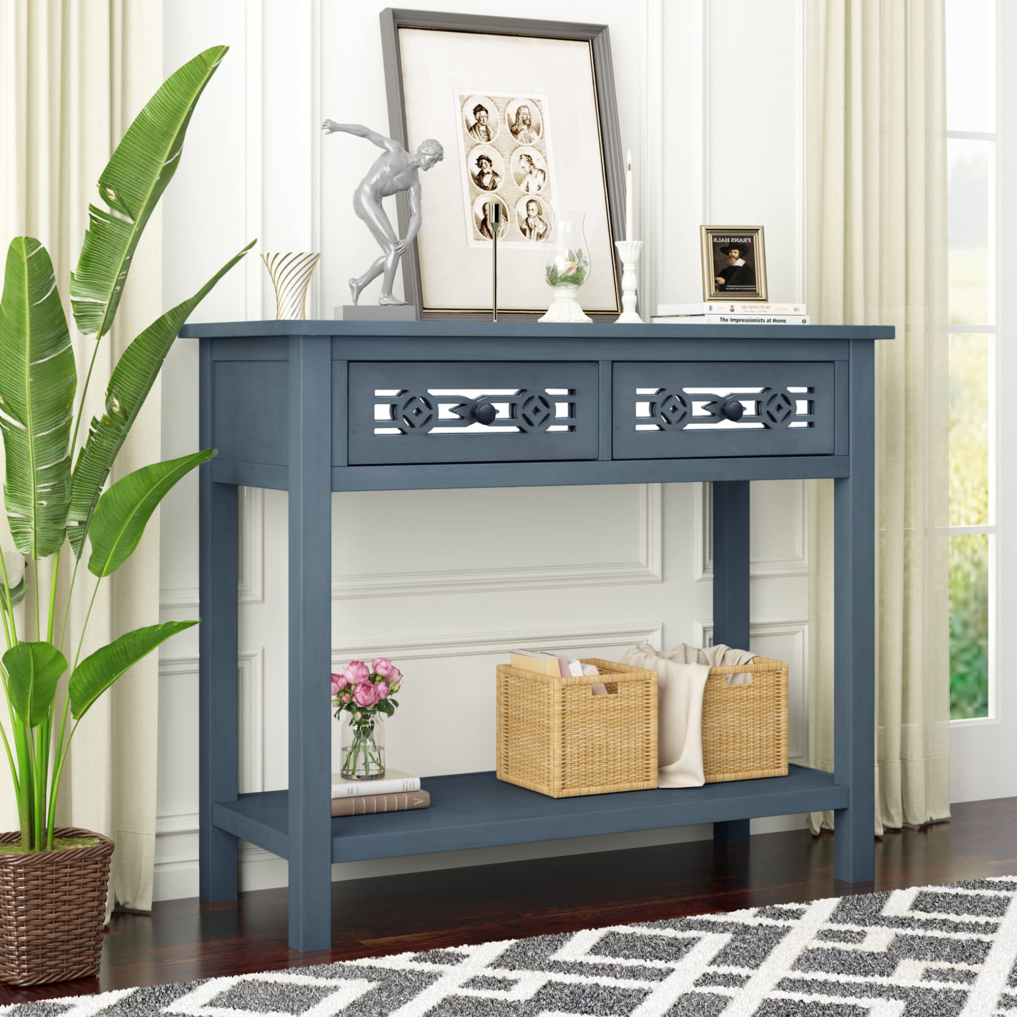 Modern Navy Sideboard Console Table with Hollow-Out Design, 2 Drawers & Open Shelf - Stylish Storage Coffee Table for Living Room, Entryway & Dining Room - Perfect for Home Decor & Organization