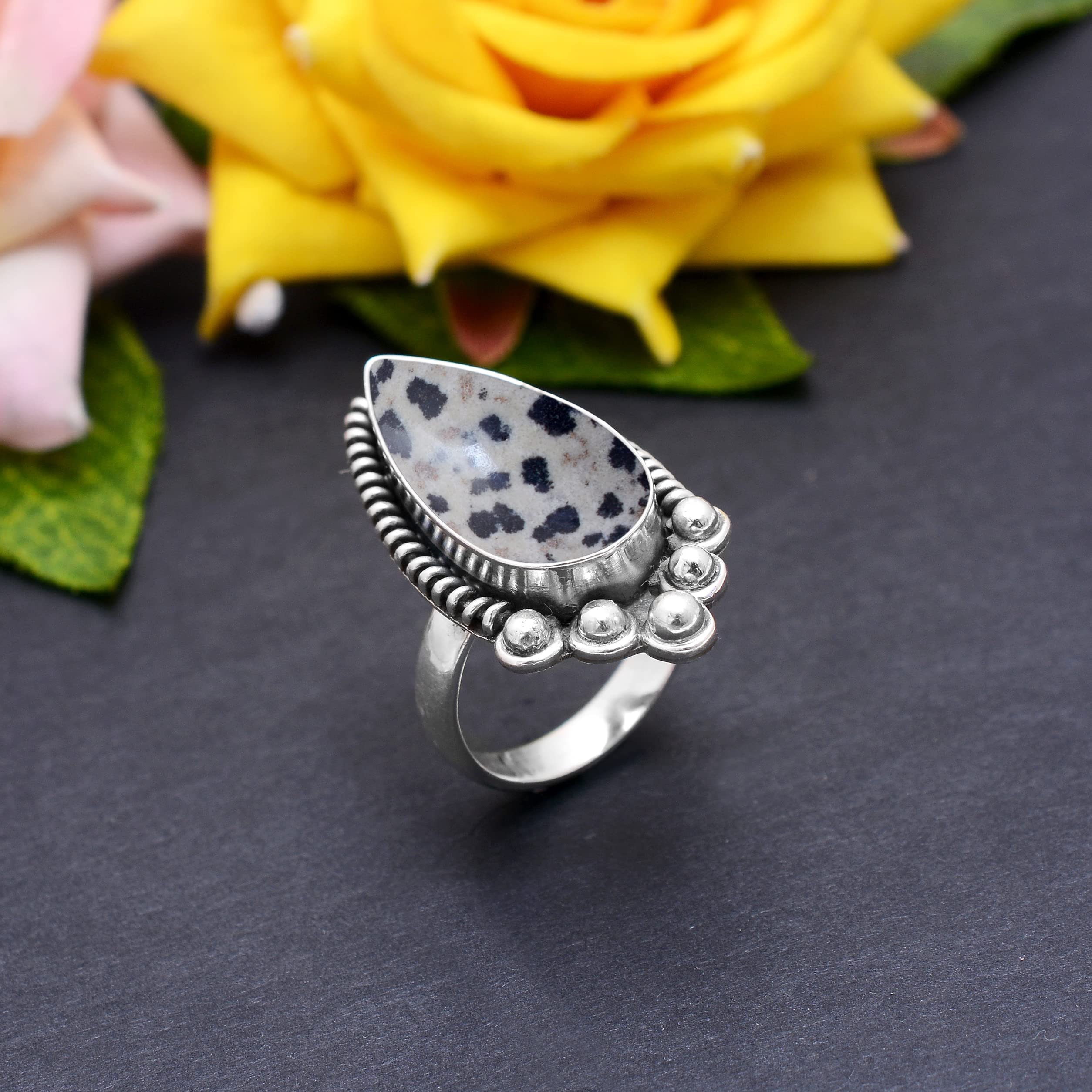 Veracity Jewelry Dalmatian Jasper Rings for Women - 925 Sterling Silver Healing Meditation Jewelry with Natural Black & White Gemstone - VSR-486 | Spiritual Gifts, Yoga Accessories & Boho Fashion Statement