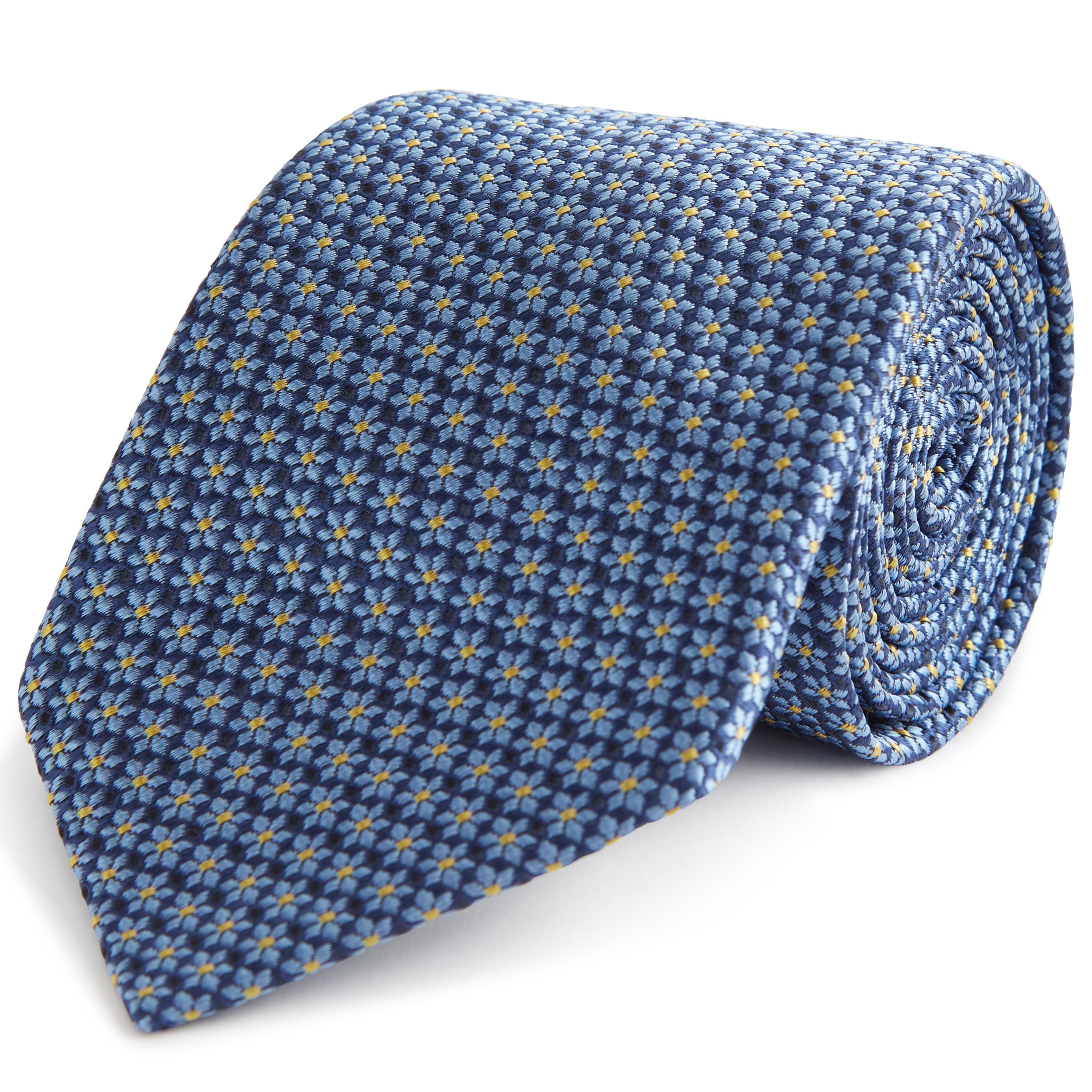 Navy and Yellow Geometric Daisy Woven Silk Tie for Men - Elegant Formal Necktie for Weddings, Business Meetings & Special Occasions