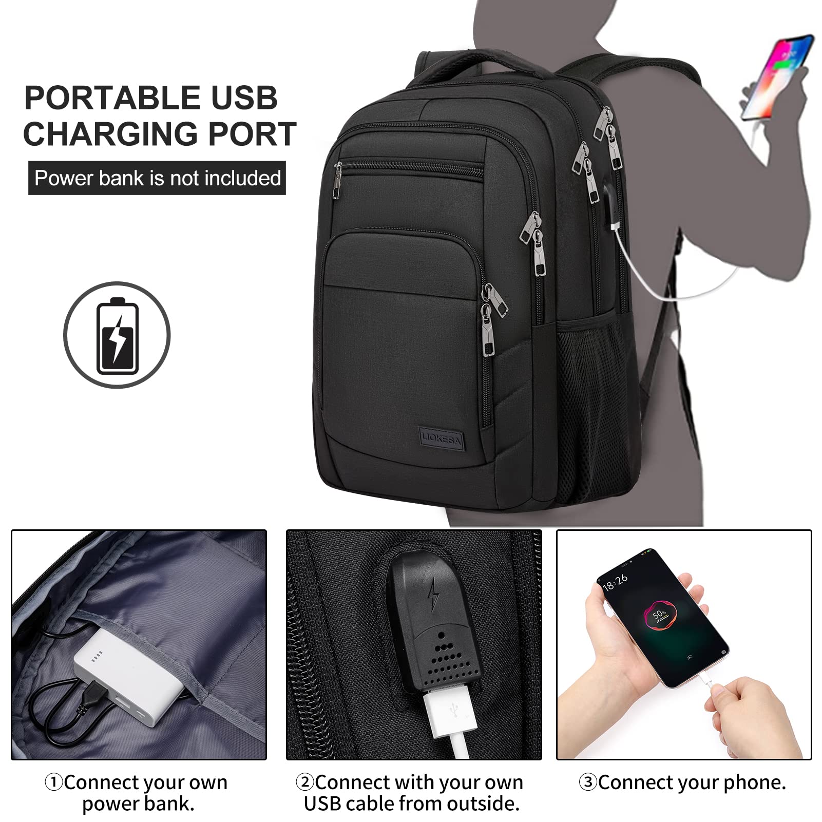 Water Resistant 15.6 Inch Laptop Backpack with USB Charging Port - Durable School & College Bookbag for Men, Women, Boys & Girls - Perfect for Work, Travel & Daily Commute