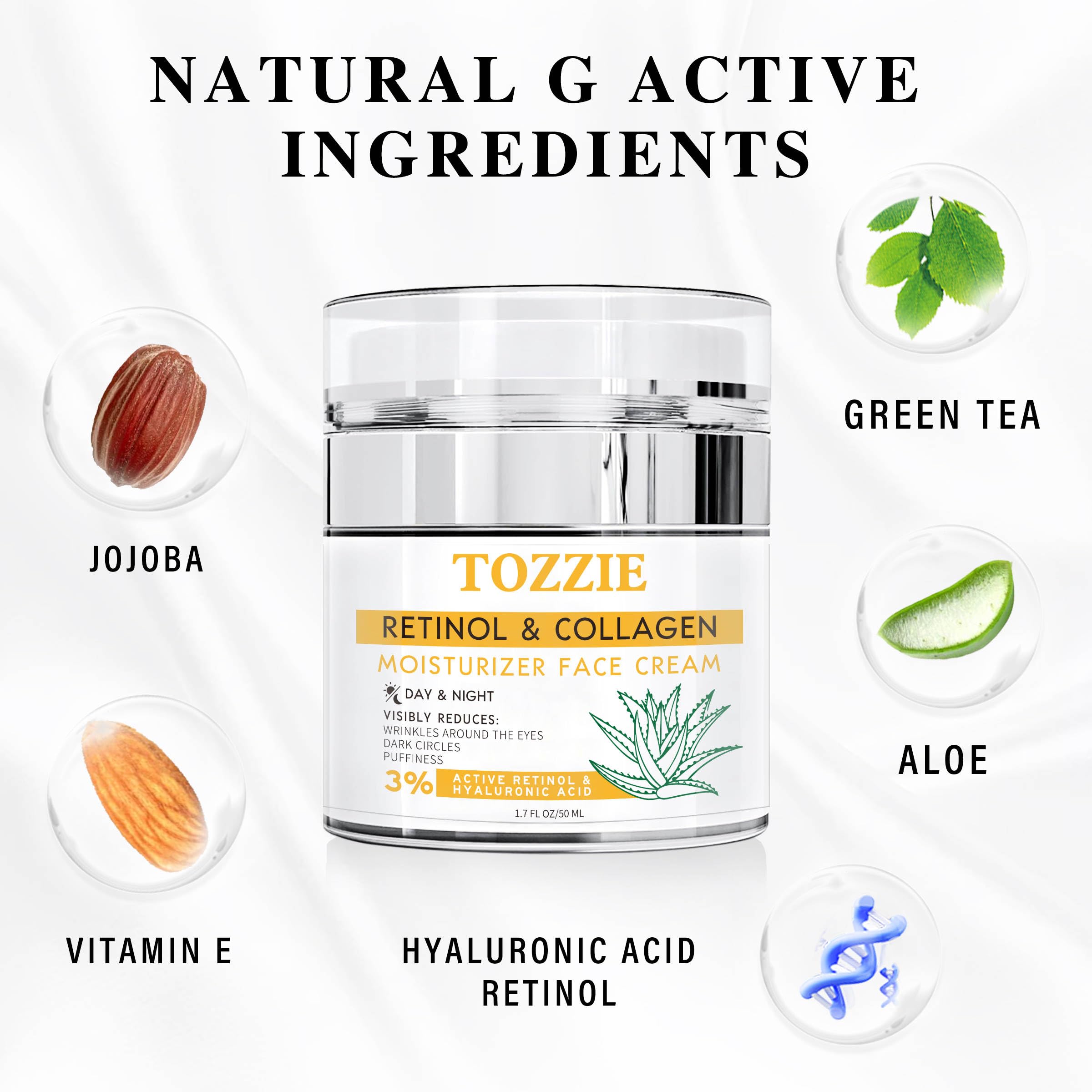 Retinol & Collagen Moisturizer Cream for Face & Neck - Anti Aging Formula with Hyaluronic Acid, Vitamin C & E - 1.7 fl oz - Hydrating & Firming for Younger Looking Skin - Perfect for Night Routine & Daily Skincare