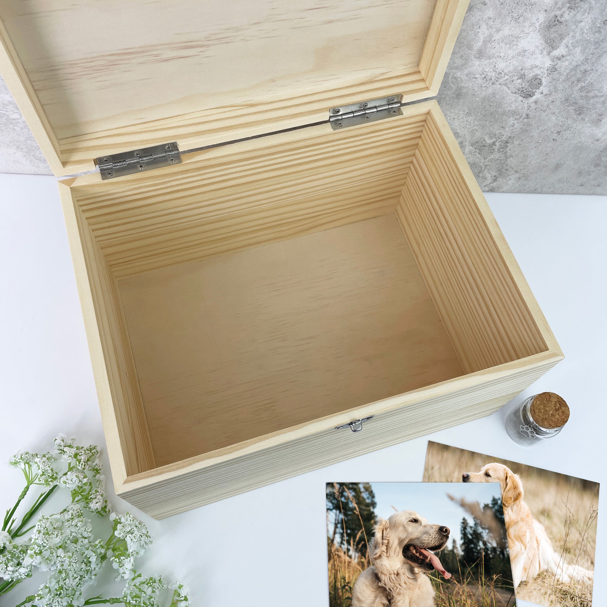 Personalized Large Pine Wood Pet Memorial Photo Memory Box - 5 Sizes (16cm, 20cm, 26cm, 30cm, 36cm) - Perfect for Honoring Beloved Pets, Storing Cherished Photos & Keepsakes at Home