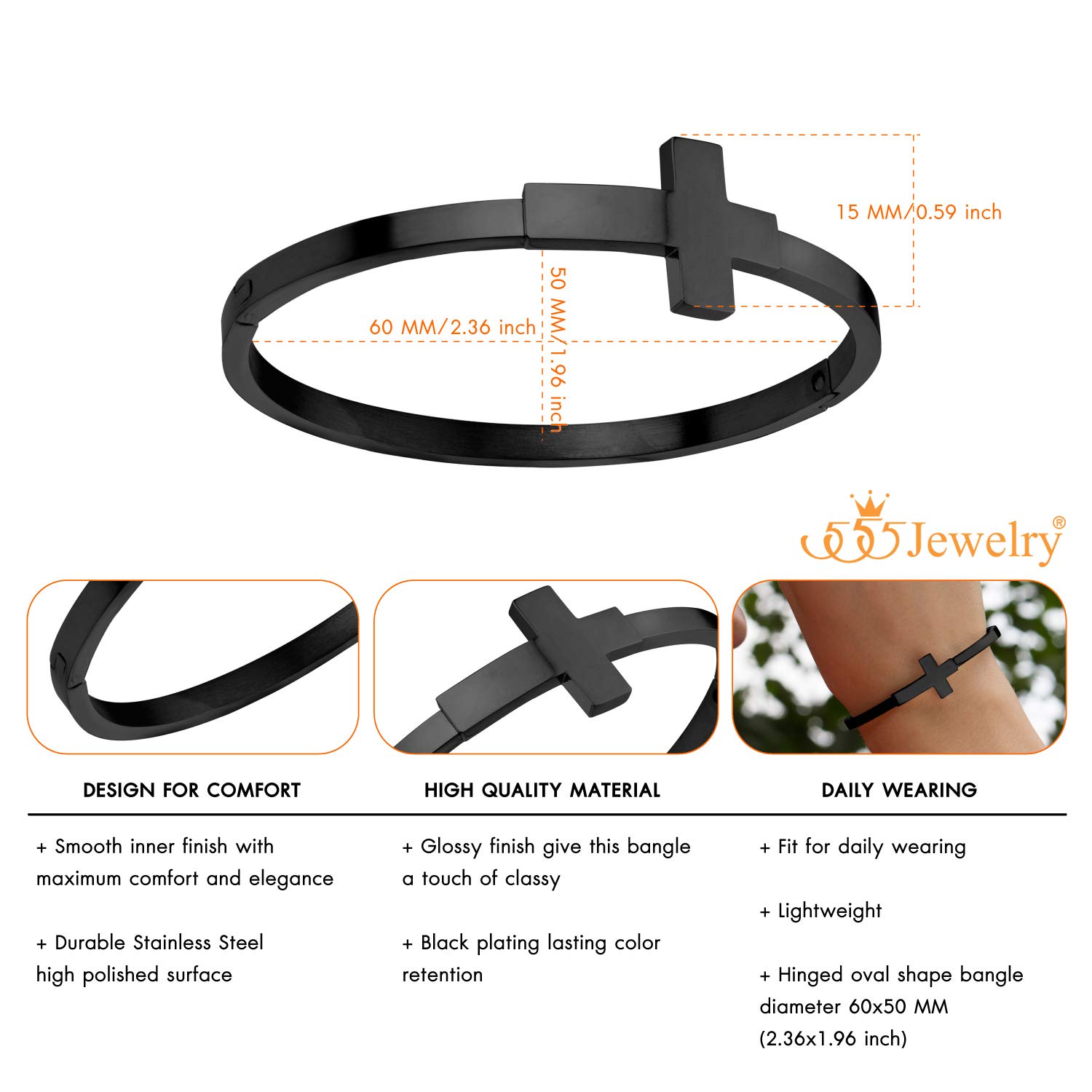 555Jewelry Stainless Steel Sideways Cross Cuff Bangle Bracelet for Women - Hypoallergenic Hinge Lock Design for Sensitive Skin | Perfect for Everyday Wear, Church, Gifts & Special Occasions