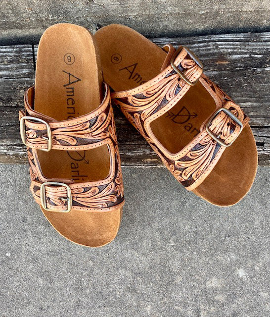 American Darling Tooled Double Buckle Sandals - Handcrafted Leather Women's Casual Shoes for Summer Outfits & Boho Style | Perfect for Beach, Vacation, and Everyday Wear