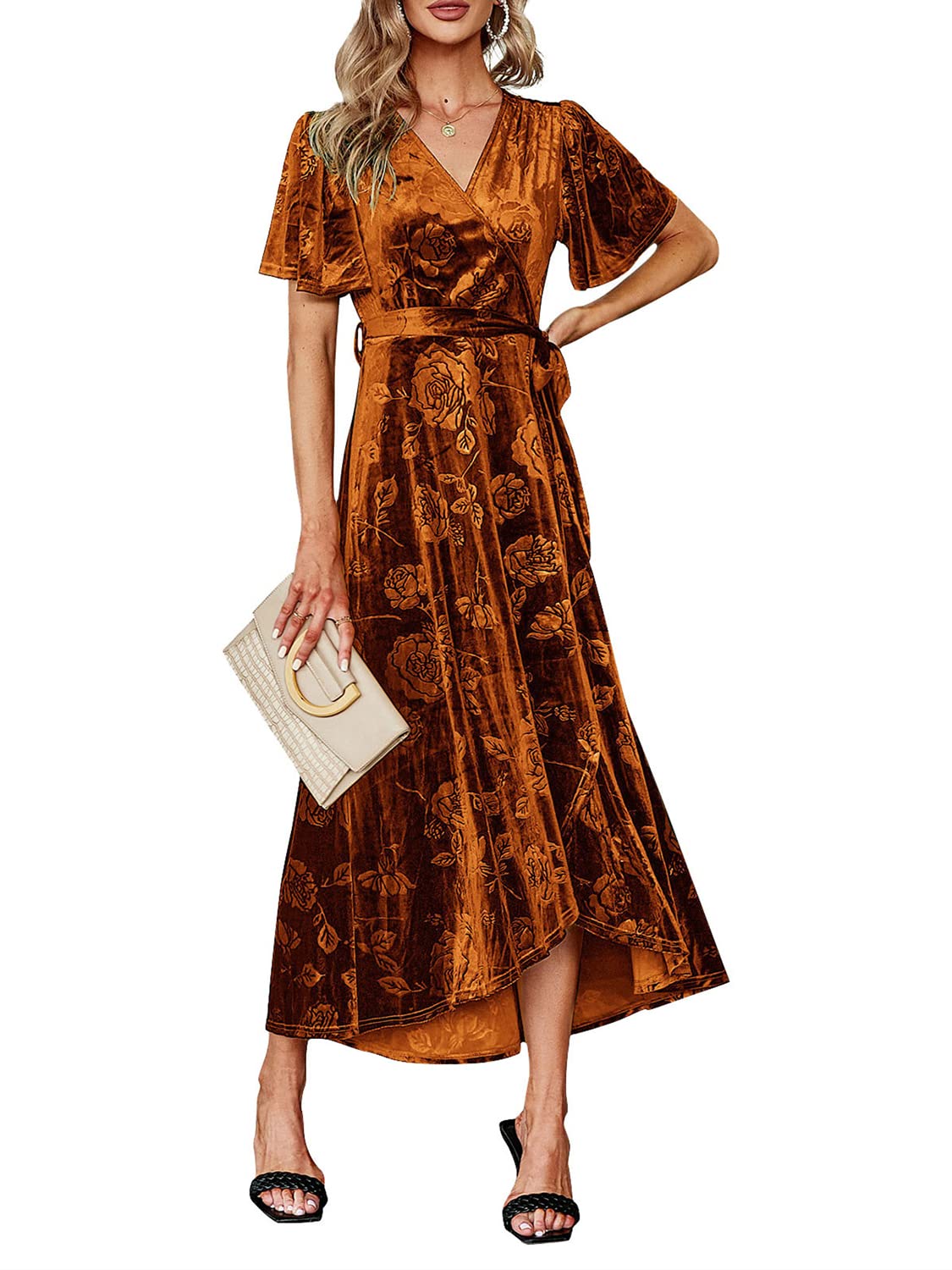 BerryGo Women's Velvet Floral Wrap Dress - Elegant Semi-Formal Maternity Maxi Dress with Ruffles for Wedding Guest, Prom, Winter Parties & Special Occasions