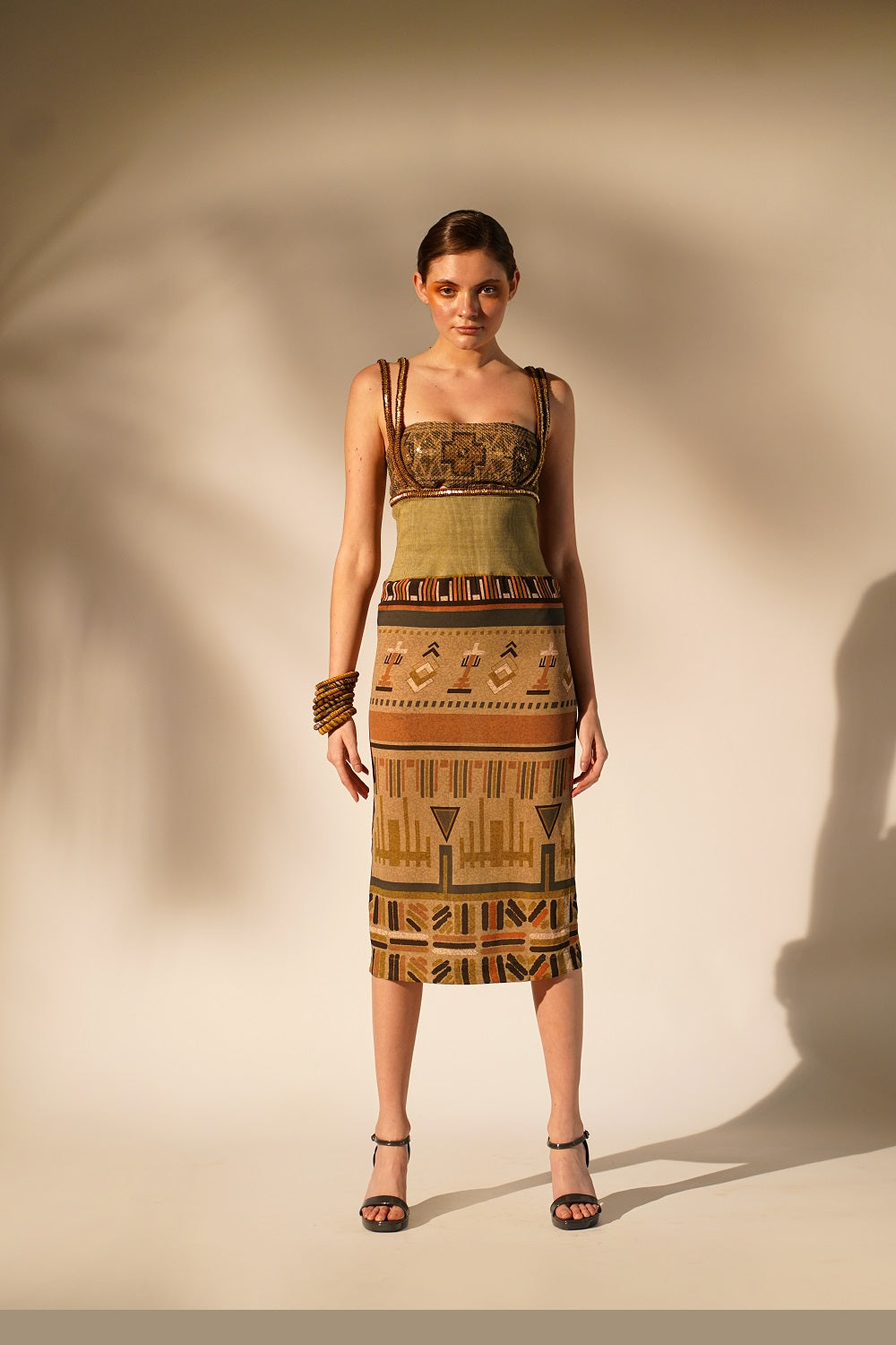 Stylish Green Aztec Print Rib Dress with Hand Thread & Wooden Embellishments - Perfect for Boho Chic Outfits, Festivals, and Summer Parties