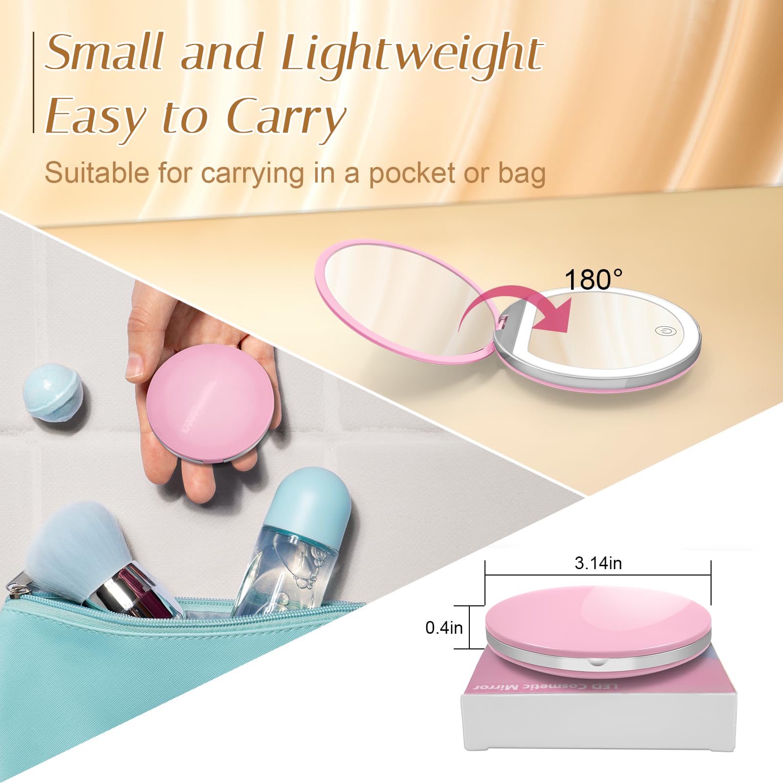 LED Compact Mirror with Light - 1X/3X Magnification, USB Rechargeable Pocket Mirror for Makeup, Travel, Purse & Gifts (Pink) | Perfect for Touch-Ups On-The-Go, Home Vanity & Travel Essentials