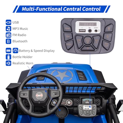 GARVEE 24V Electric Ride On Truck for Kids - 2 Seater Remote Control Car with LED Lights, Music & Horn | Large Storage Space & Cup Holder | Toddler Toy Vehicle for Ages 3-8 (Blue) | Perfect for Outdoor Play, Birthday Gifts & Family Fun