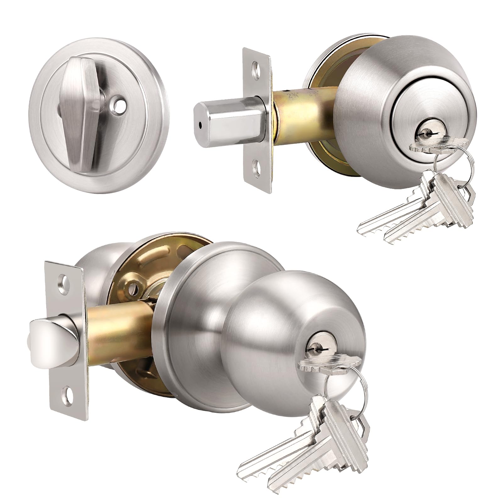 10 Pack Satin Nickel Entry Door Knobs with Single Cylinder Deadbolt - Keyed Alike Door Handle Set for Front Door (Stainless Steel) - Perfect for Home Security & Multi-Door Access Control