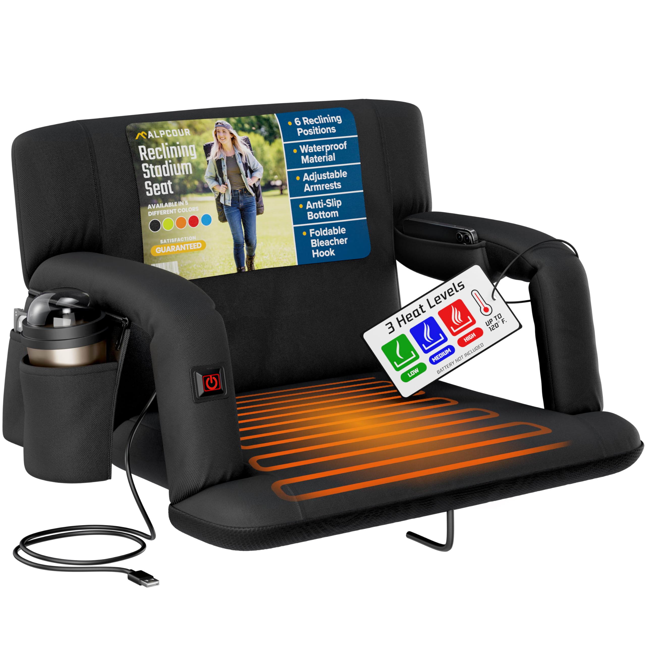 Alpcour Heated Reclining Stadium Seat - Wide Bleacher Chair with Back Support, Cushion, Armrests & Side Pockets - Portable Folding Seat for Football Games, Camping, Kayaking, Paddle Boarding & Outdoor Events