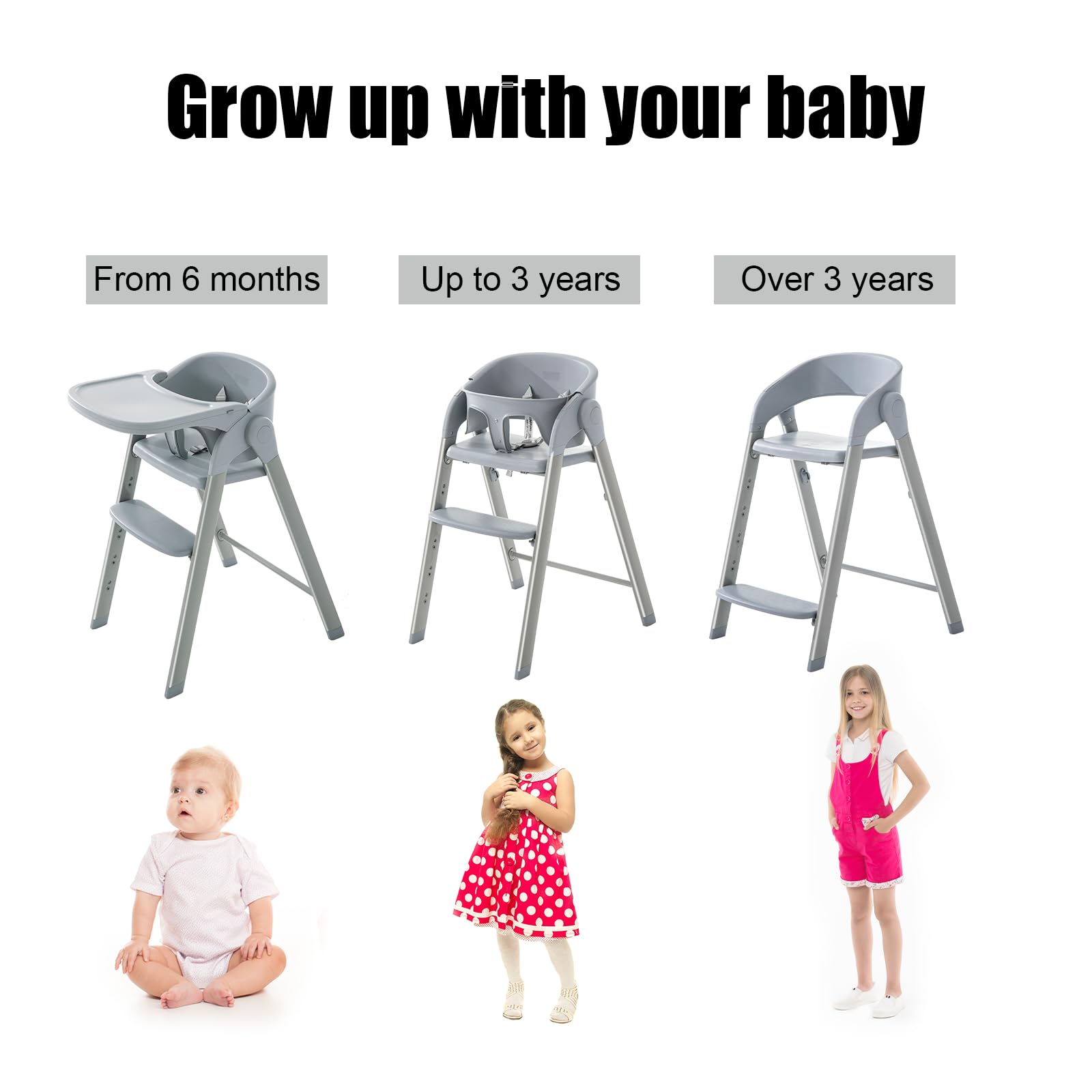 5-in-1 Convertible Baby High Chair with Removable Tray - Adjustable Toddler Feeding Seat for 6 Months to 240 lbs - Easy Clean Gray Cushion - Portable for Home, Restaurant & Travel Use