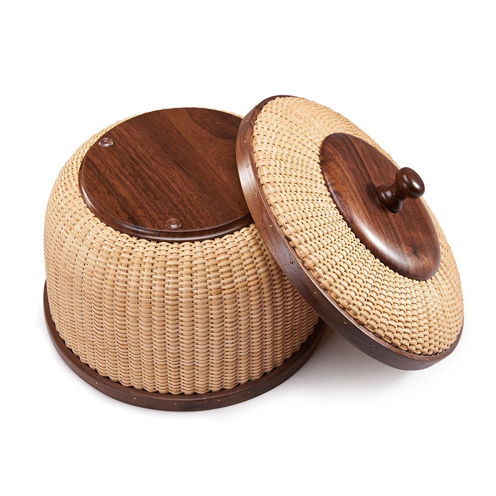 Rattan Storage Basket with Lid - Handwoven Circular Organizer for Home, Sewing Kits & Crafts | Stylish Woven Bin for Bedroom, Bathroom & Closet Organization