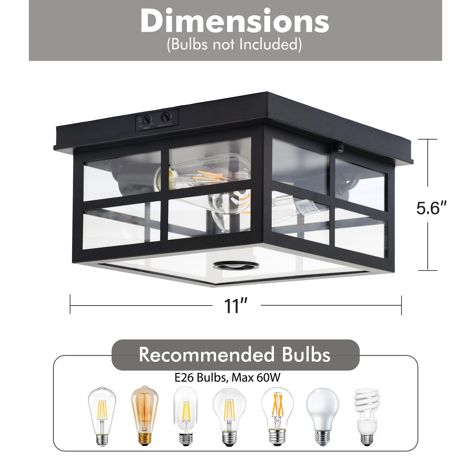 Outdoor Ceiling Light with Motion Sensor - 2-Light Flush Mount Dusk to Dawn Porch Light, Clear Glass Fixture for Garage, Patio & Backyard - Perfect for Entryway, Deck & Outdoor Security Lighting