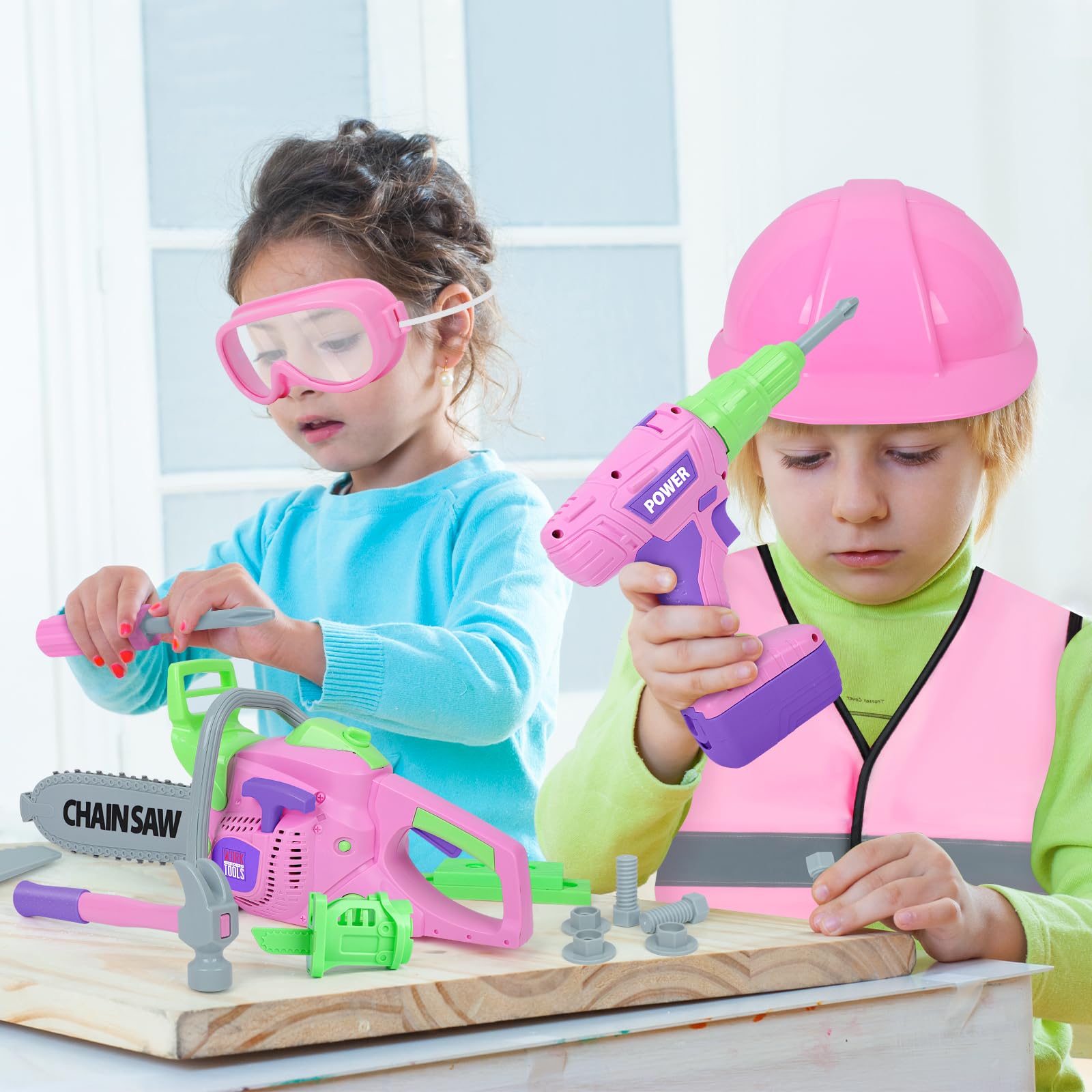 Pink Kids Tool Set for Girls - Toy Chainsaw, Electric Drill & Construction Accessories | STEM Learning Pretend Play Tool Kit for Toddlers Ages 3-7 | Birthday Gift & Indoor Outdoor Playtime Fun